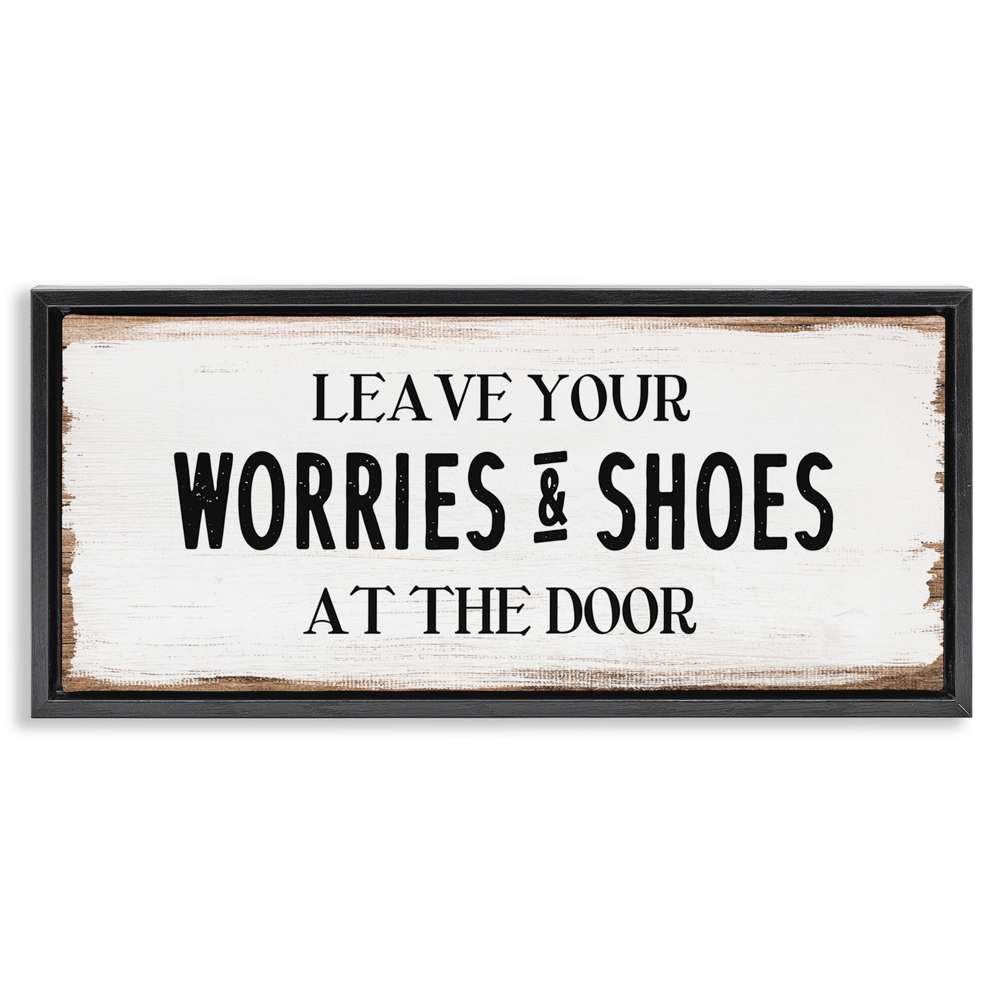 Stupell Industries Worries & Shoes At Door Phrase Typography Painting Black Floater Framed Canvas Art Print Wall Art, 25 x 11