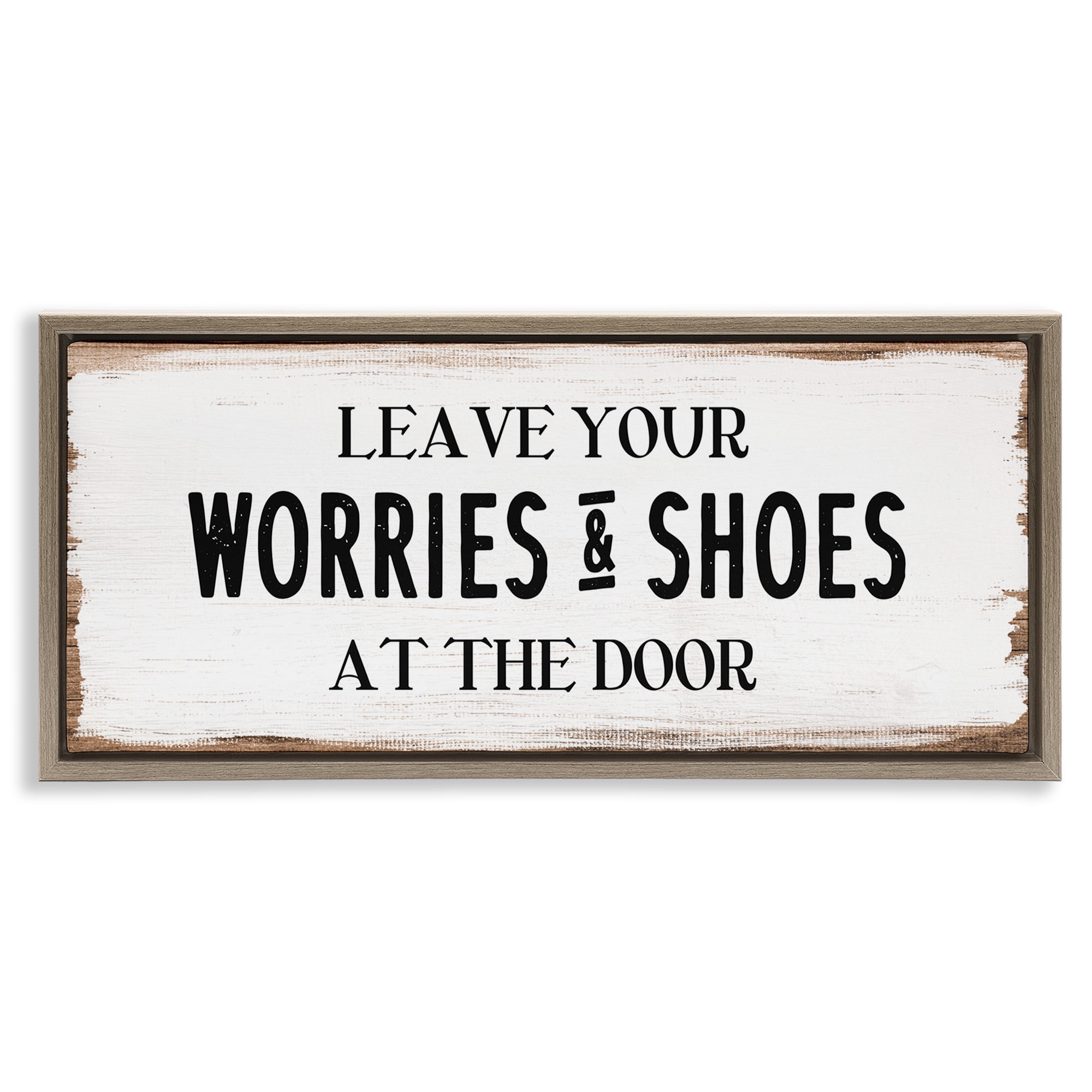 Stupell Industries Worries & Shoes At Door Phrase Typography Painting Brown Floater Framed Canvas Art Print Wall Art, 31 x 14