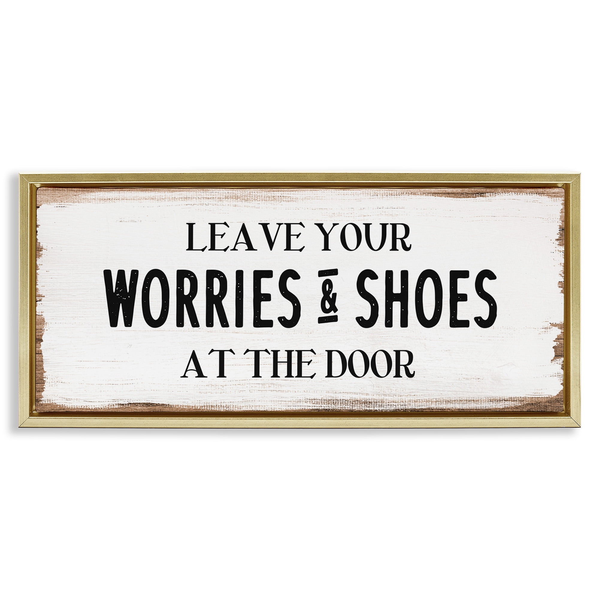 Stupell Industries Worries & Shoes At Door Phrase Typography Painting Gold Floater Framed Canvas Art Print Wall Art, 31 x 14