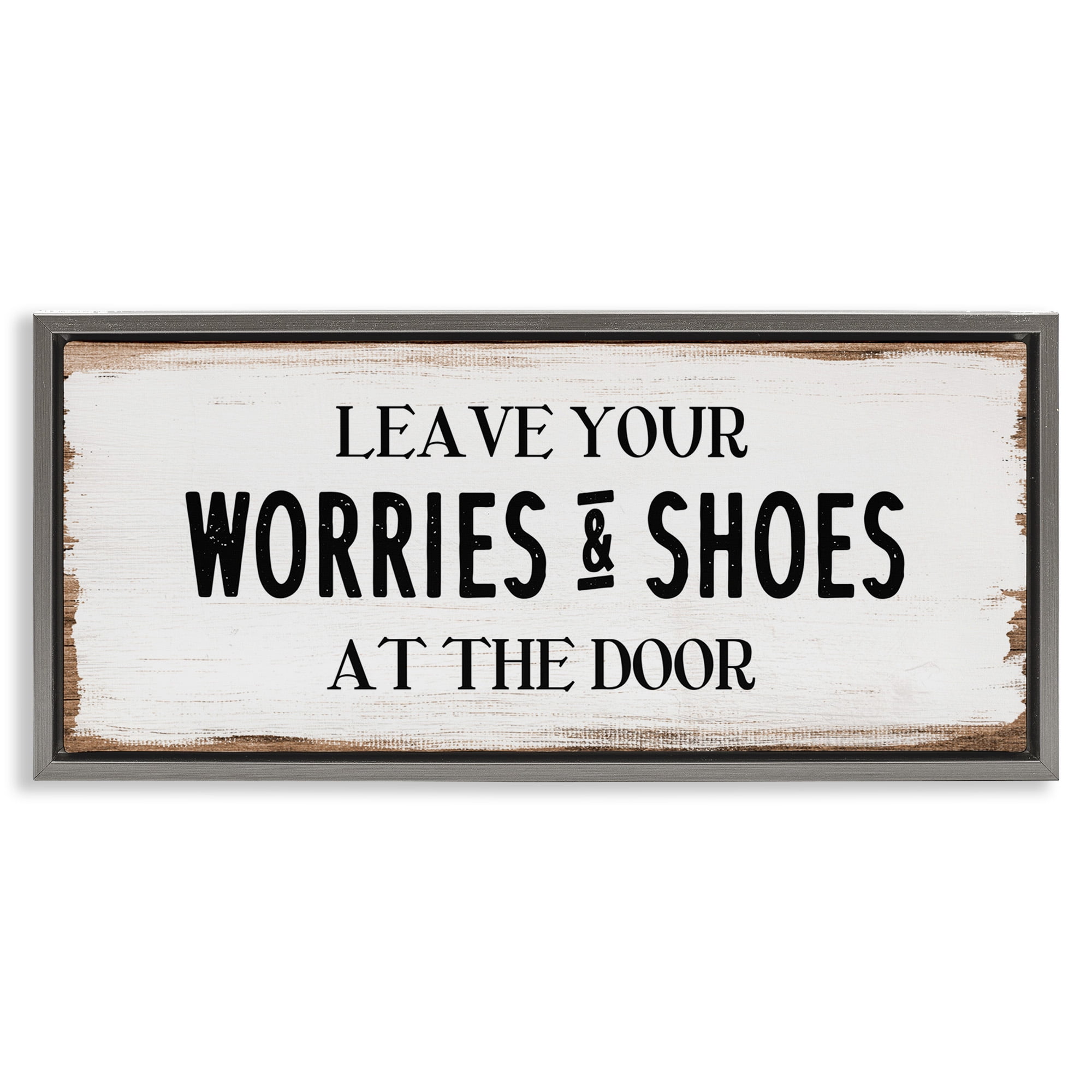 Stupell Industries Worries & Shoes At Door Phrase Typography Painting Gray Floater Framed Canvas Art Print Wall Art, 31 x 14