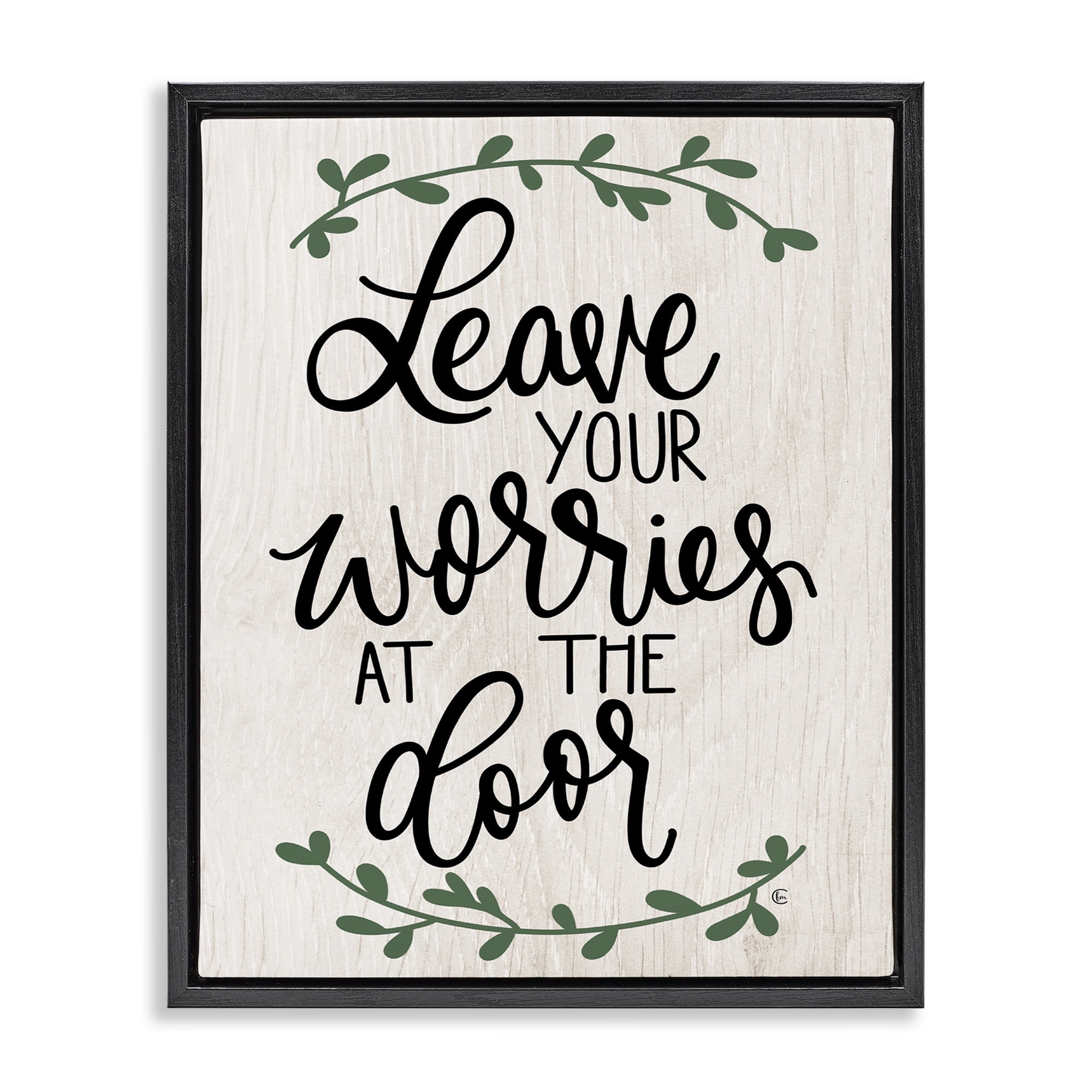 Stupell Industries Worries at Door Family Greeting Typography Painting Black Floater Framed Canvas Art Print Wall Art, 25 x 31