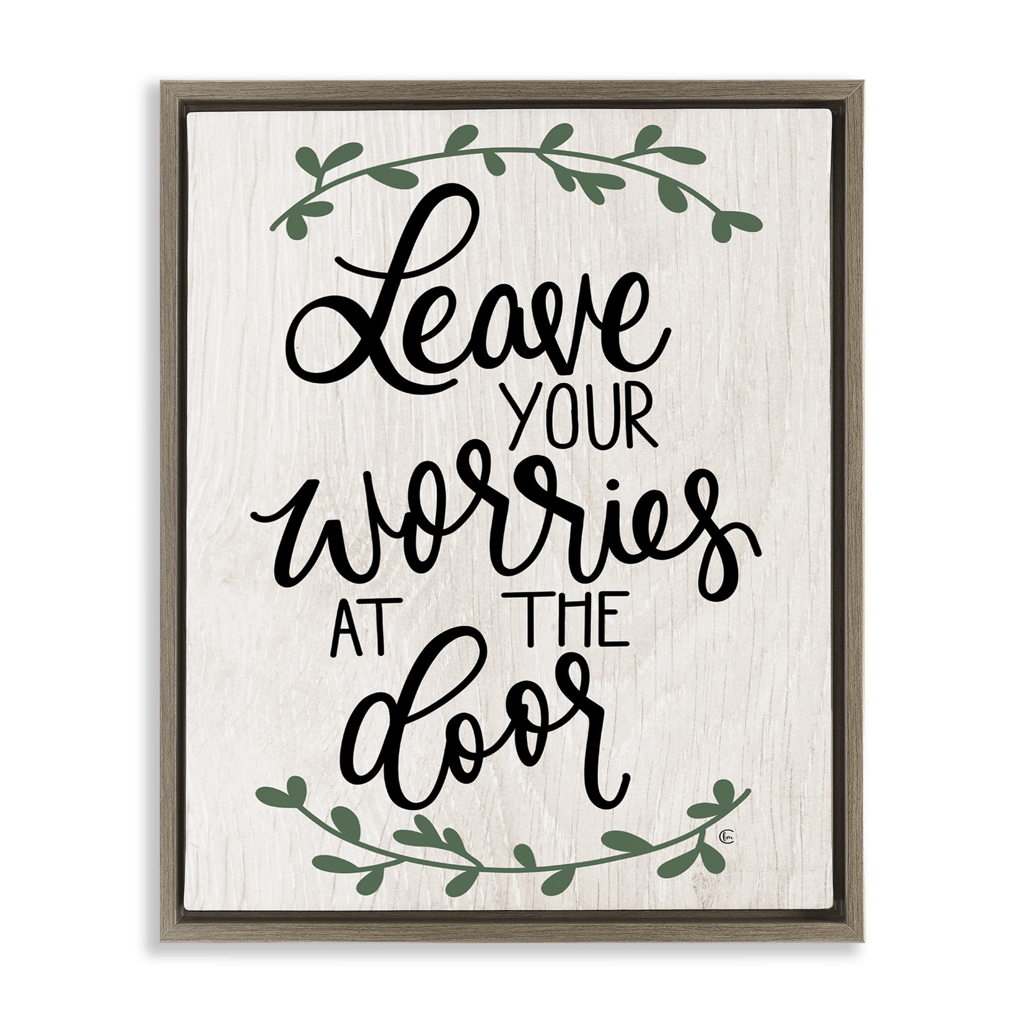 Stupell Industries Worries at Door Family Greeting Typography Painting Brown Floater Framed Canvas Art Print Wall Art, 25 x 31