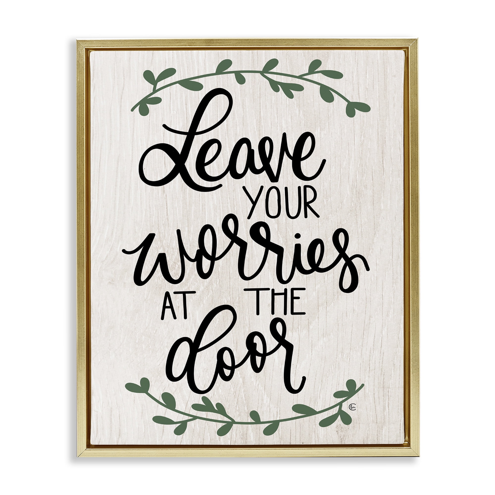 Stupell Industries Worries at Door Family Greeting Typography Painting Gold Floater Framed Canvas Art Print Wall Art, 17 x 21