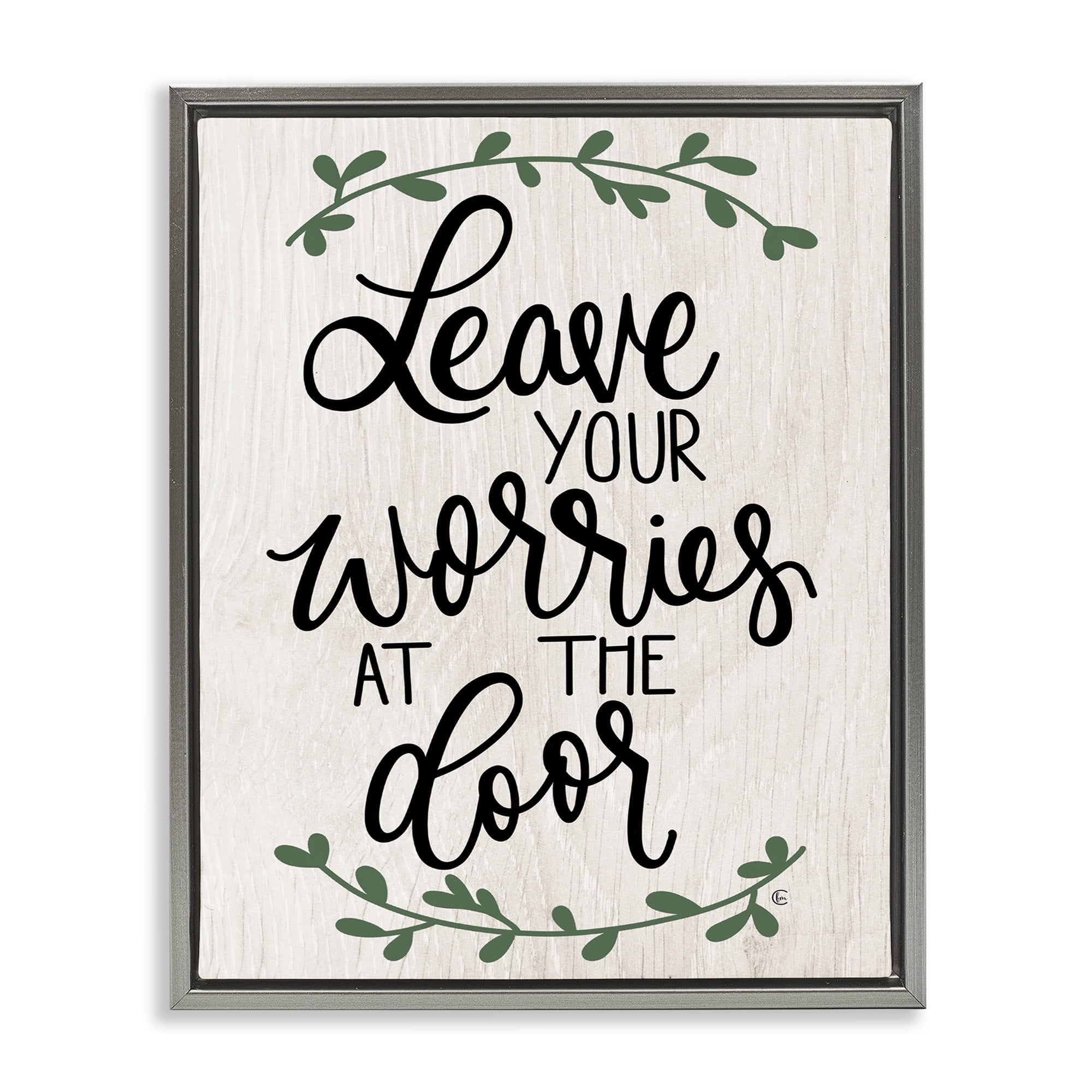 Stupell Industries Worries at Door Family Greeting Typography Painting Gray Floater Framed Canvas Art Print Wall Art, 17 x 21