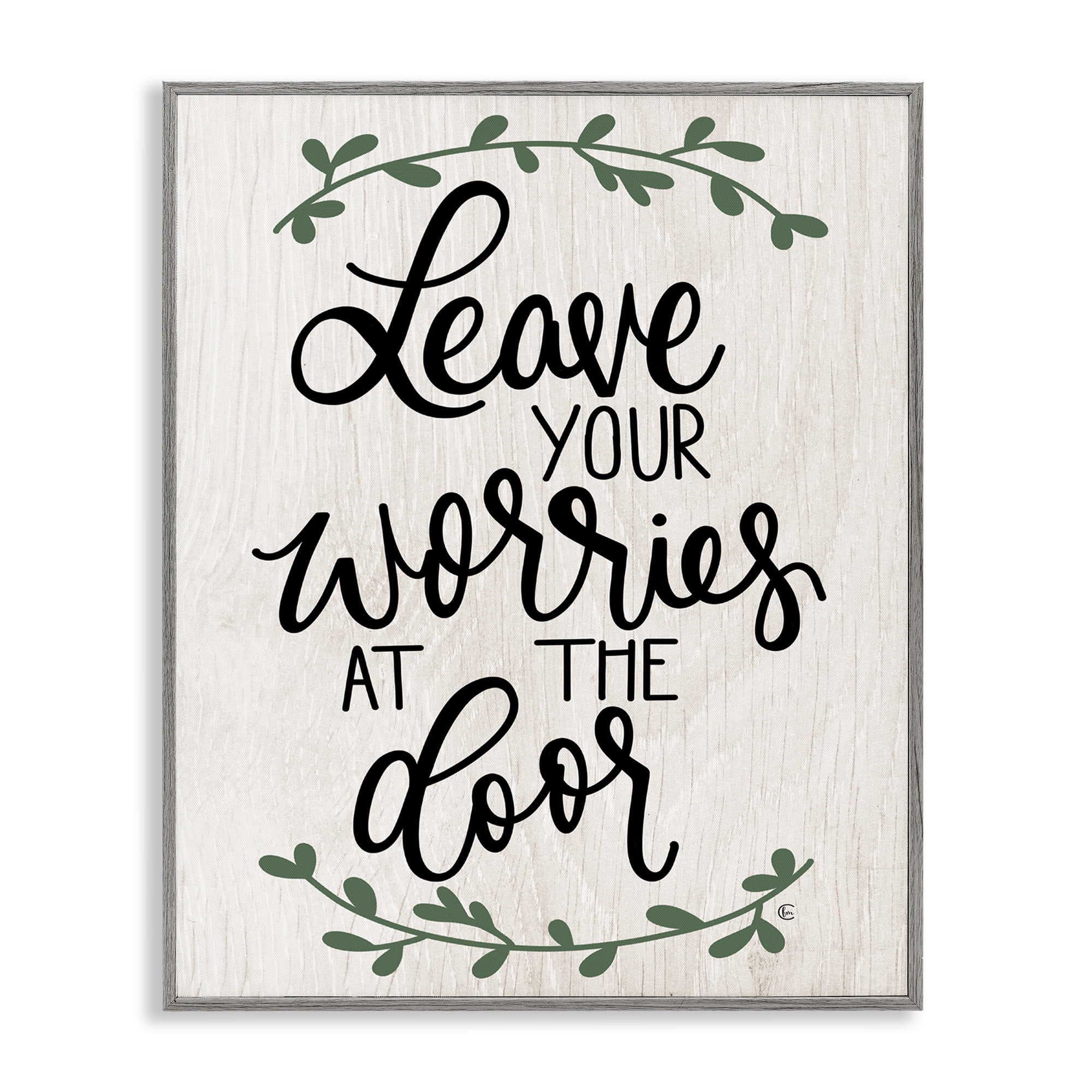 Stupell Industries Worries at Door Family Greeting Typography Painting Gray Framed Art Print Wall Art, 24 x 30