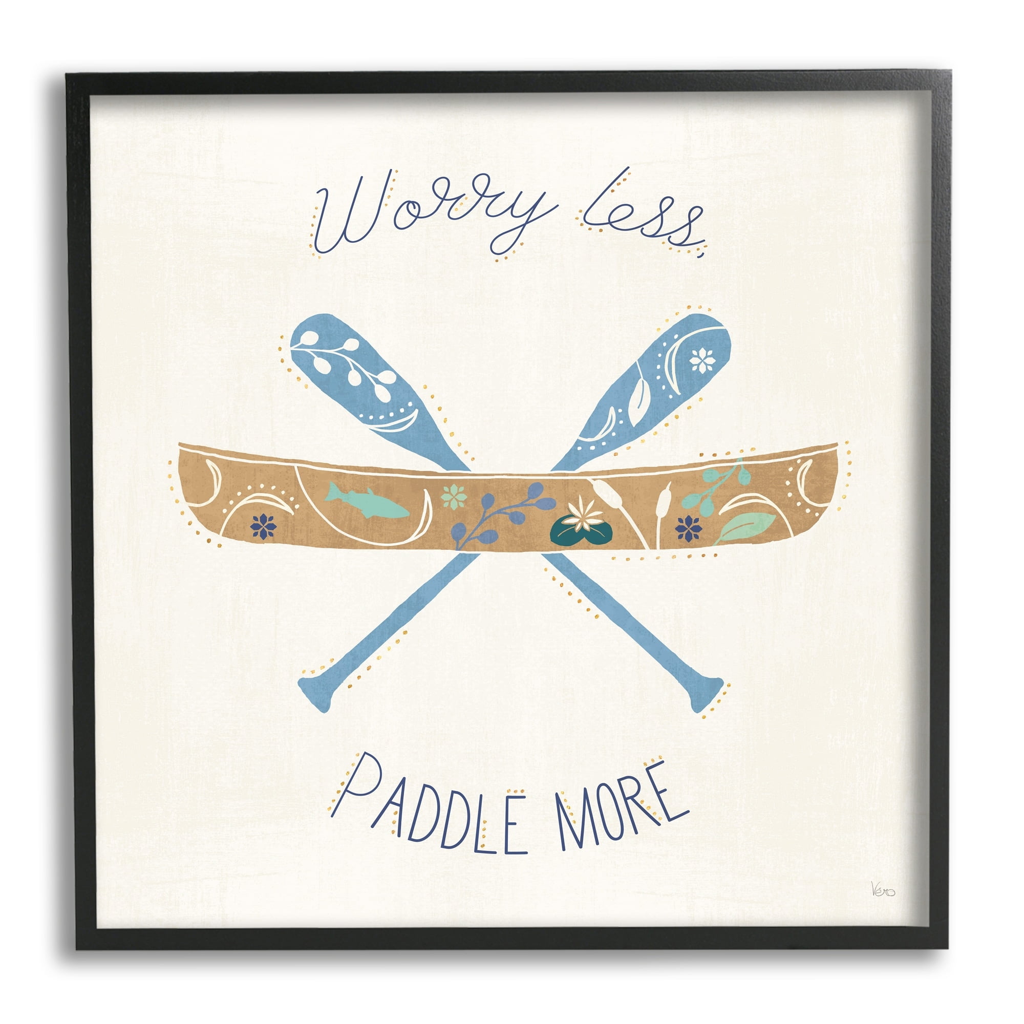 Stupell Industries Worry Less Paddle More Canoe Boat Typography Graphic Art Black Framed Art Print Wall Art, Design by Veronique Charron