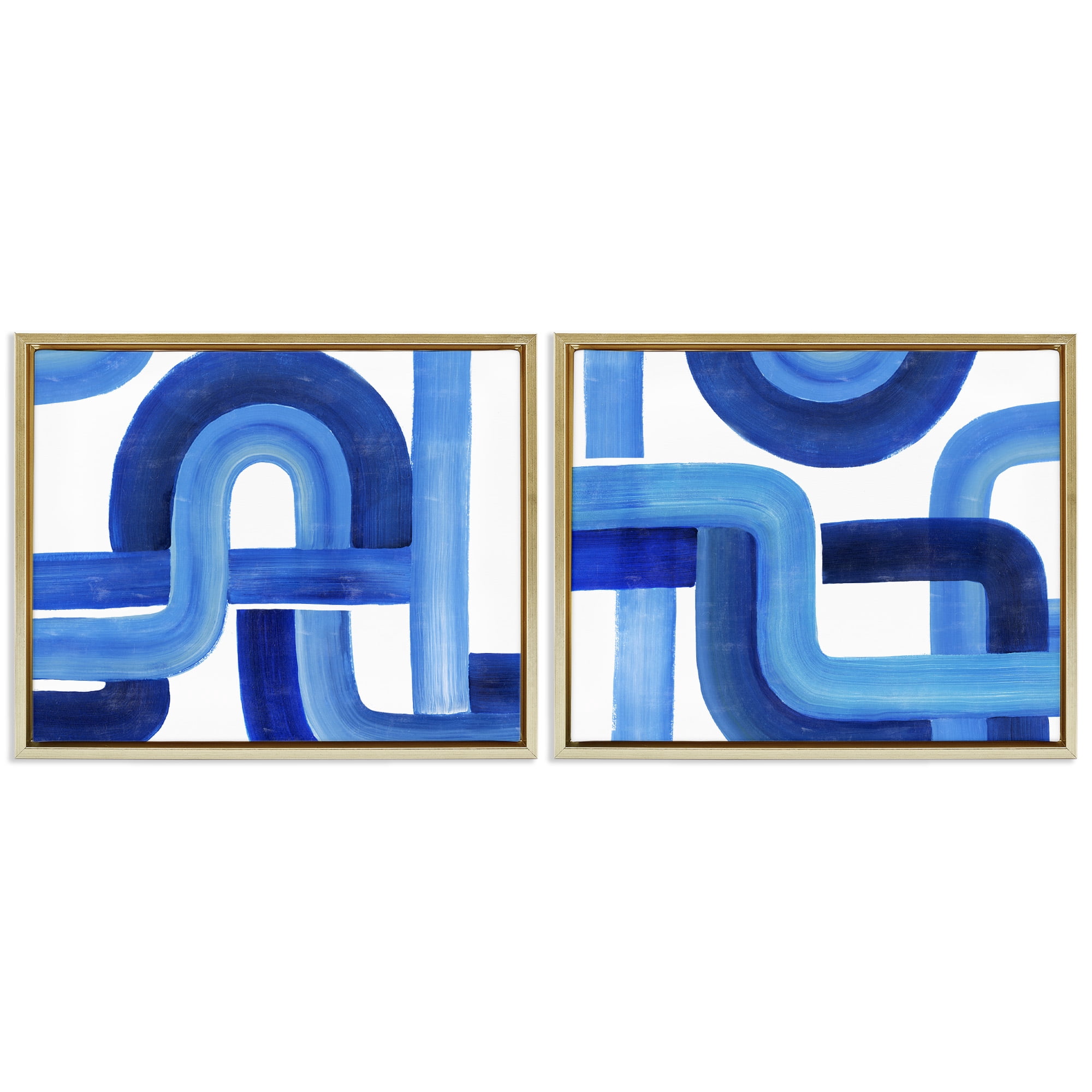 Stupell Industries Woven Blue Geometric Lines Abstract Painting Gold Floater Framed Canvas Art Print Wall Art, 21 x 17, Set of 2