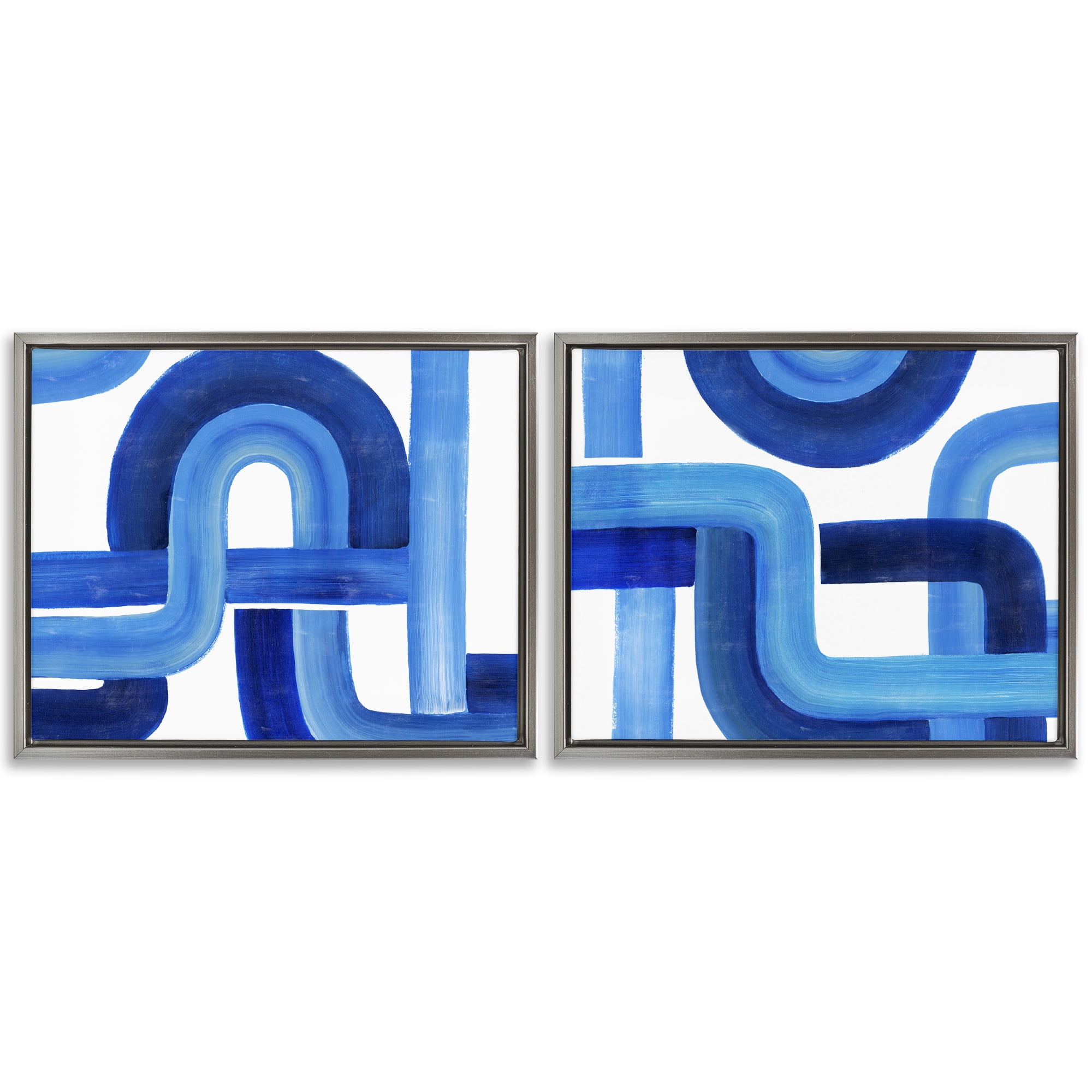 Stupell Industries Woven Blue Geometric Lines Abstract Painting Gray Floater Framed Canvas Art Print Wall Art, 31 x 25, Set of 2