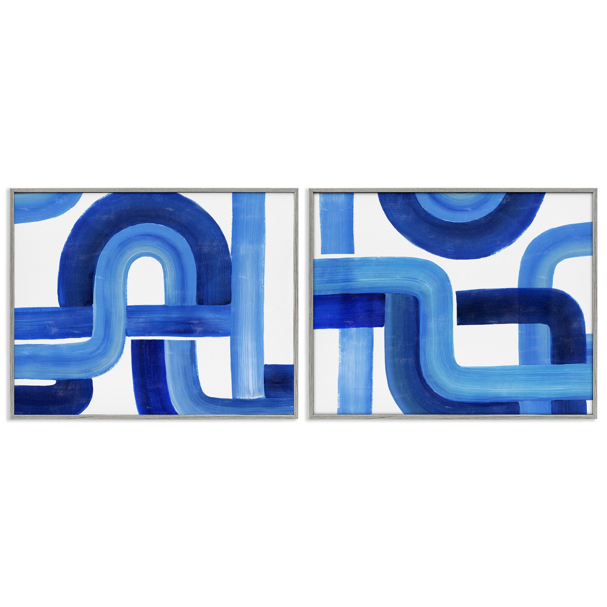 Stupell Industries Woven Blue Geometric Lines Abstract Painting Gray Framed Art Print Wall Art, 30 x 24, Set of 2