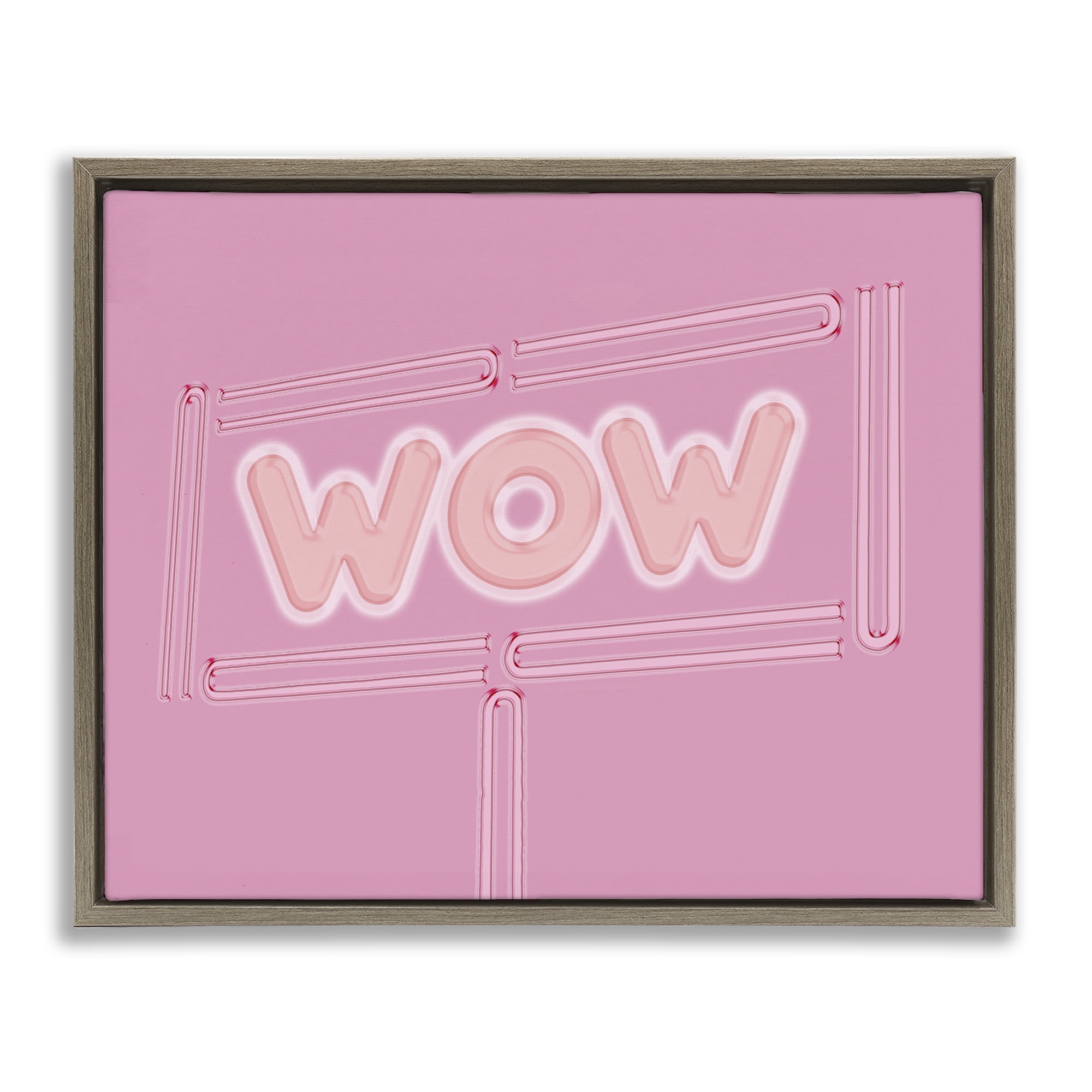 Stupell Industries Wow Neon Lights Style Text & Numbers Painting Brown Floater Framed Canvas Art Print Wall Art, 21 x 17