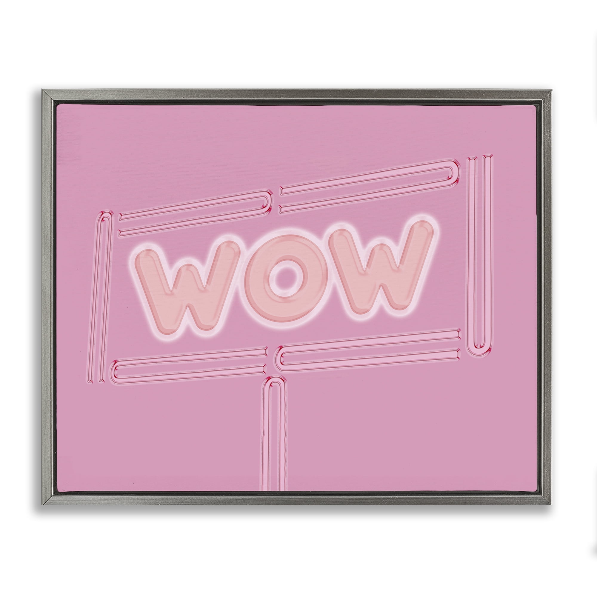 Stupell Industries Wow Neon Lights Style Text & Numbers Painting Gray Floater Framed Canvas Art Print Wall Art, 31 x 25