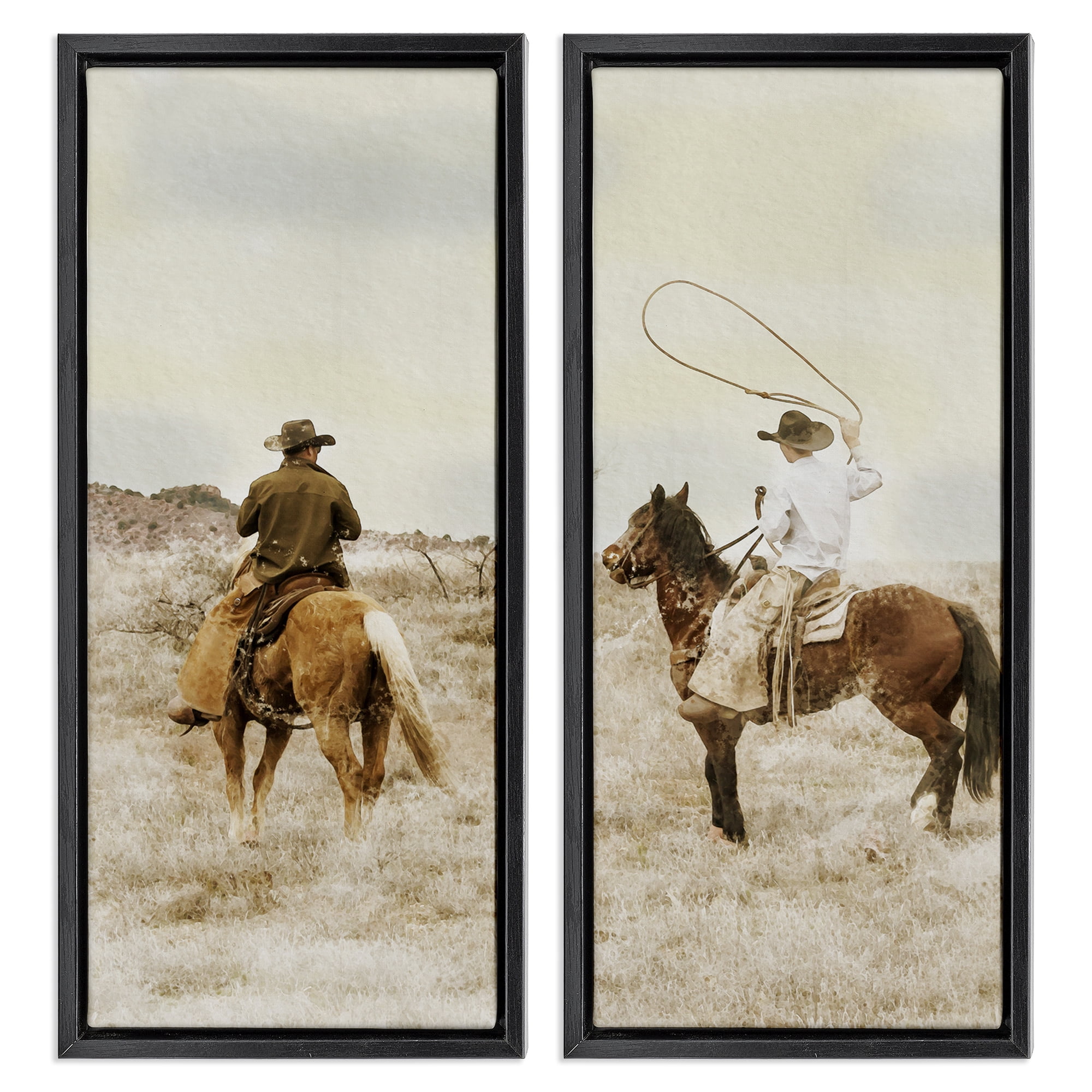 Stupell Industries Wrangling Cowboy Duo 2 Piece Black Framed Floater Canvas Set, design by Marcus Prime