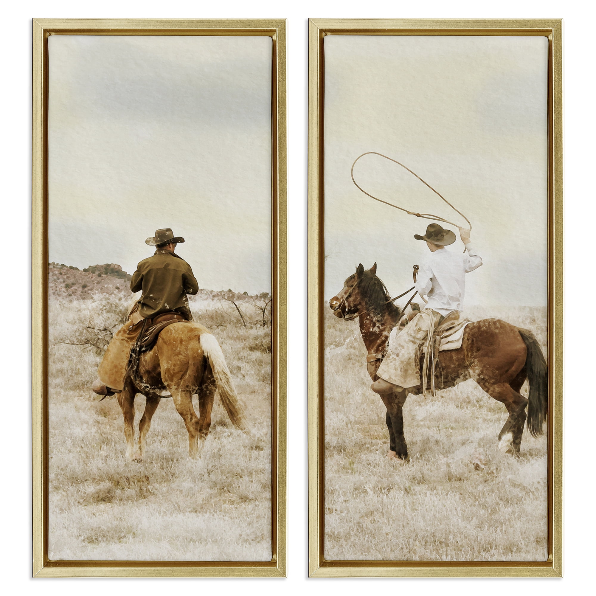 Stupell Industries Wrangling Cowboy Duo 2 Piece Gold Framed Floater Canvas Set, design by Marcus Prime