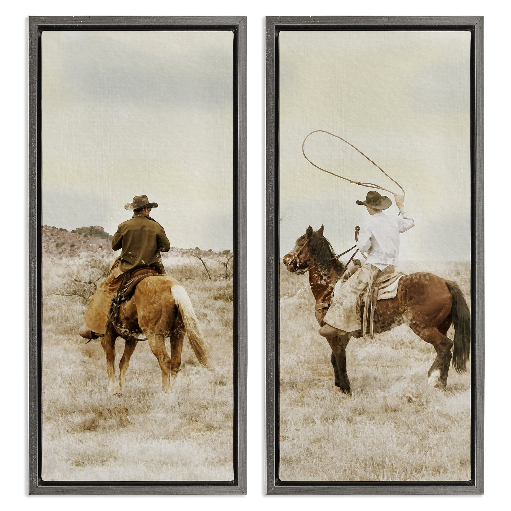 Stupell Industries Wrangling Cowboy Duo 2 Piece Gray Framed Floater Canvas Set, design by Marcus Prime
