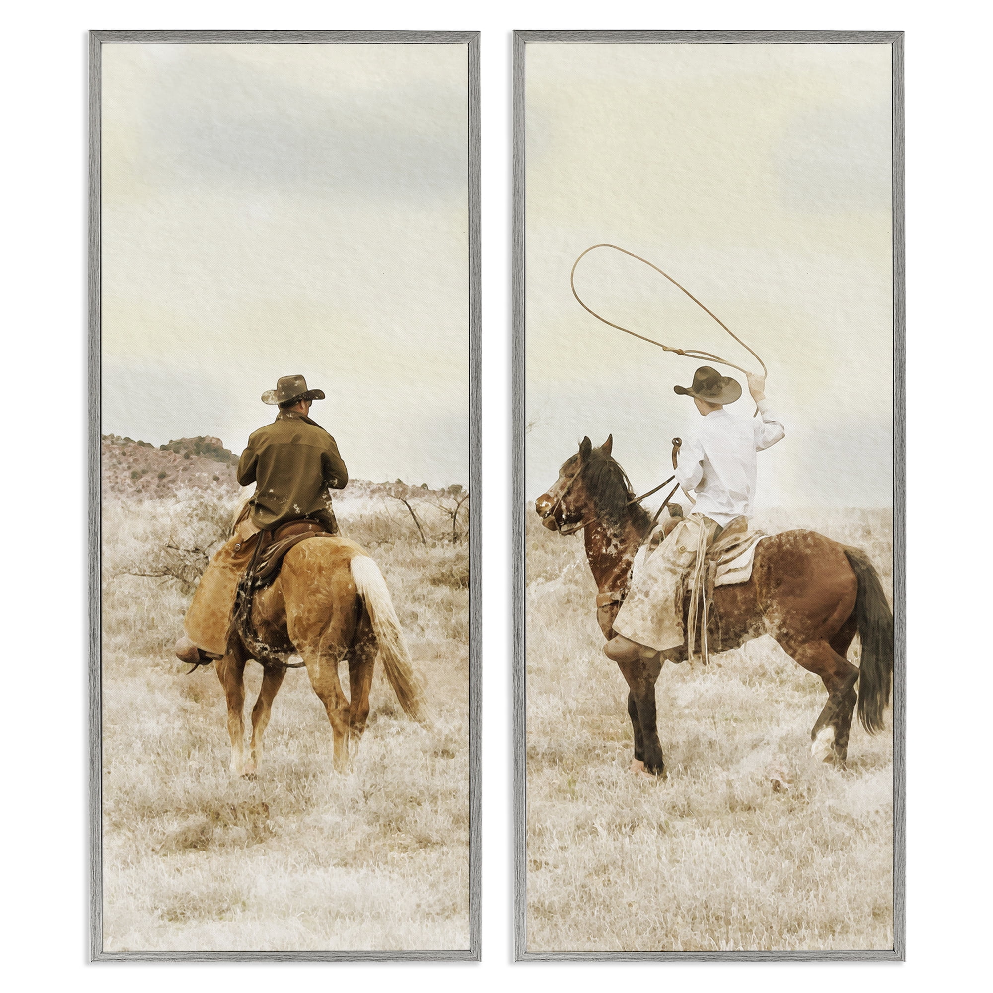 Stupell Industries Wrangling Cowboy Duo 2 Piece Gray Framed Giclee Art Set, design by Marcus Prime