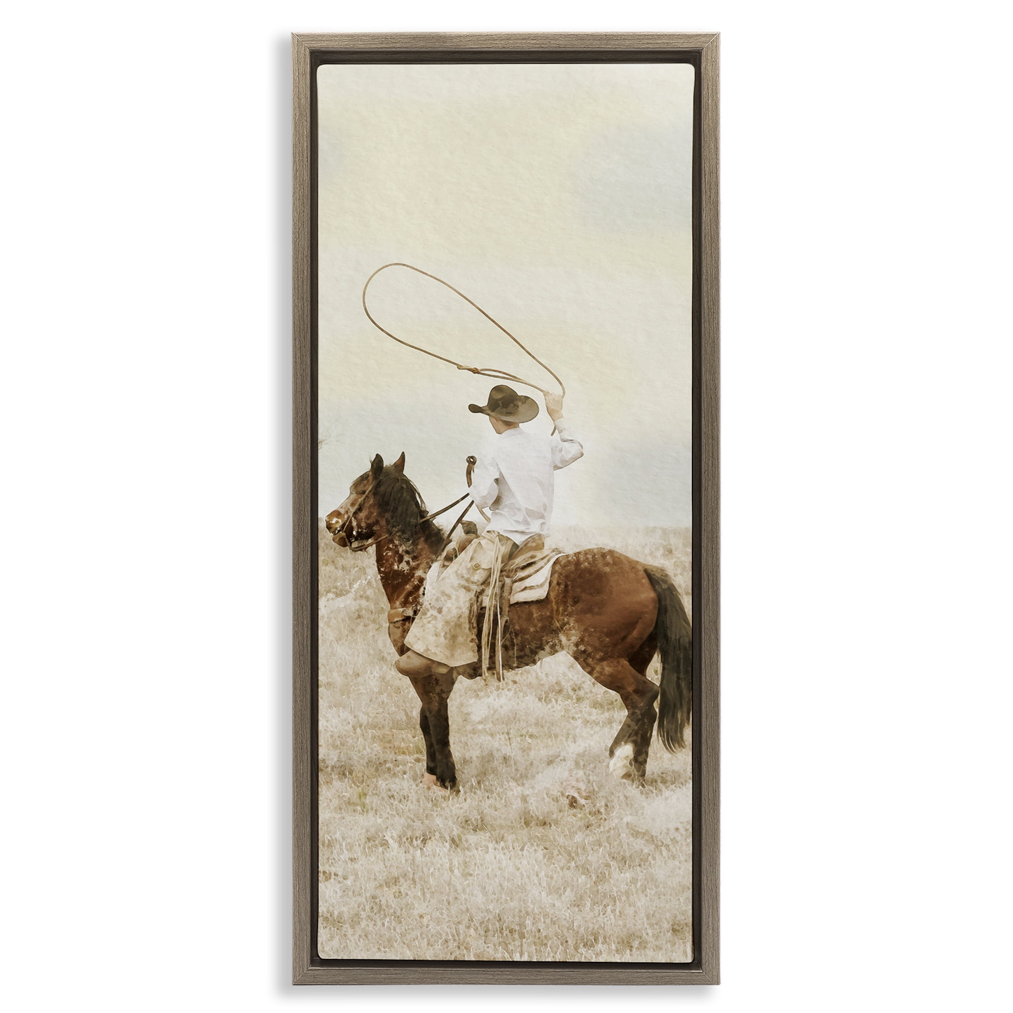 Stupell Industries Wrangling Cowboy Lasso Brown Framed Floater Canvas Wall Art, design by Marcus Prime