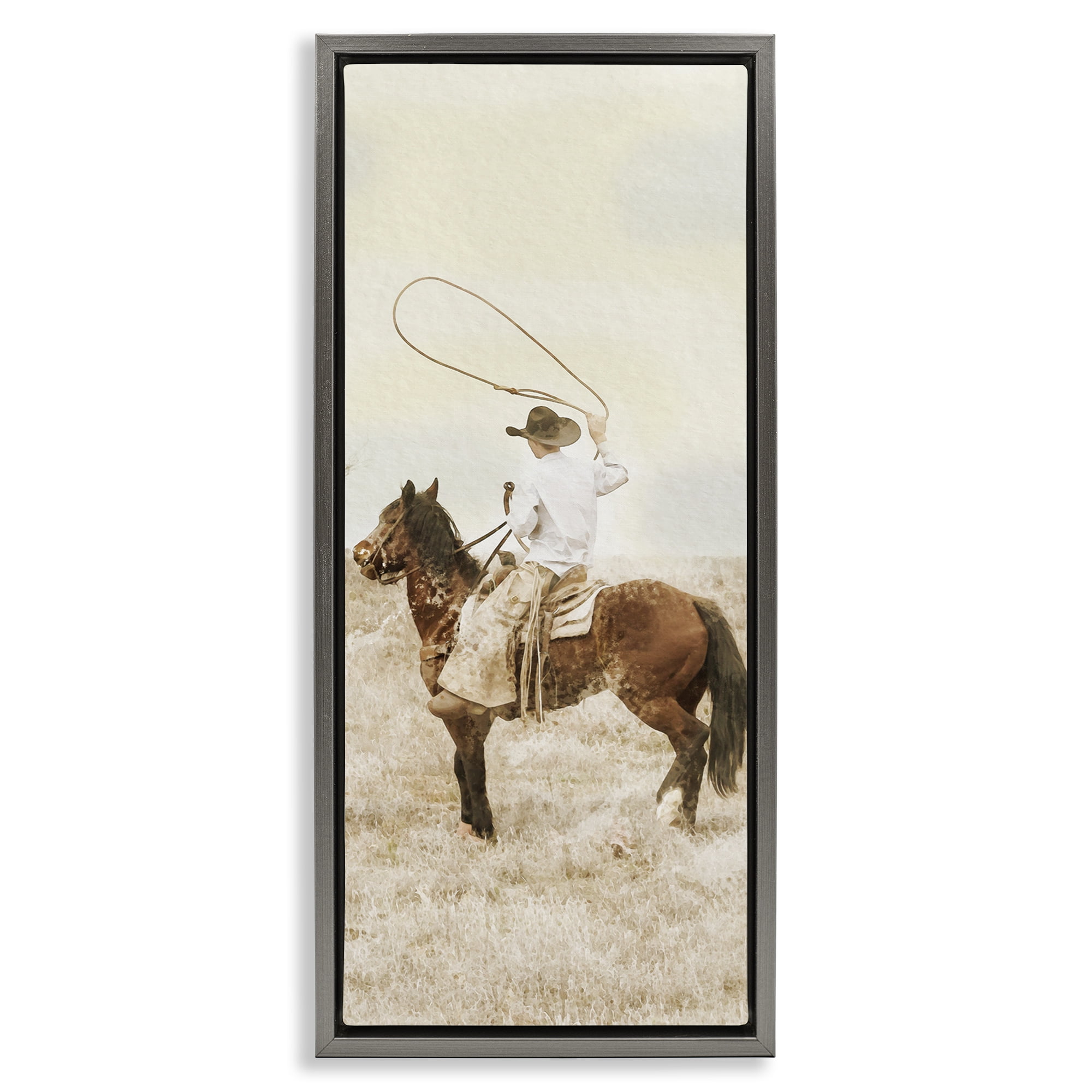 Stupell Industries Wrangling Cowboy Lasso Gray Framed Floater Canvas Wall Art, design by Marcus Prime