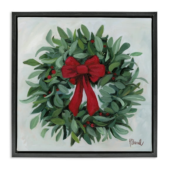 Stupell Industries Wreath with Red Bow Holiday Painting Black Floater Framed Canvas Art Prints Wall Art, 18 x 18