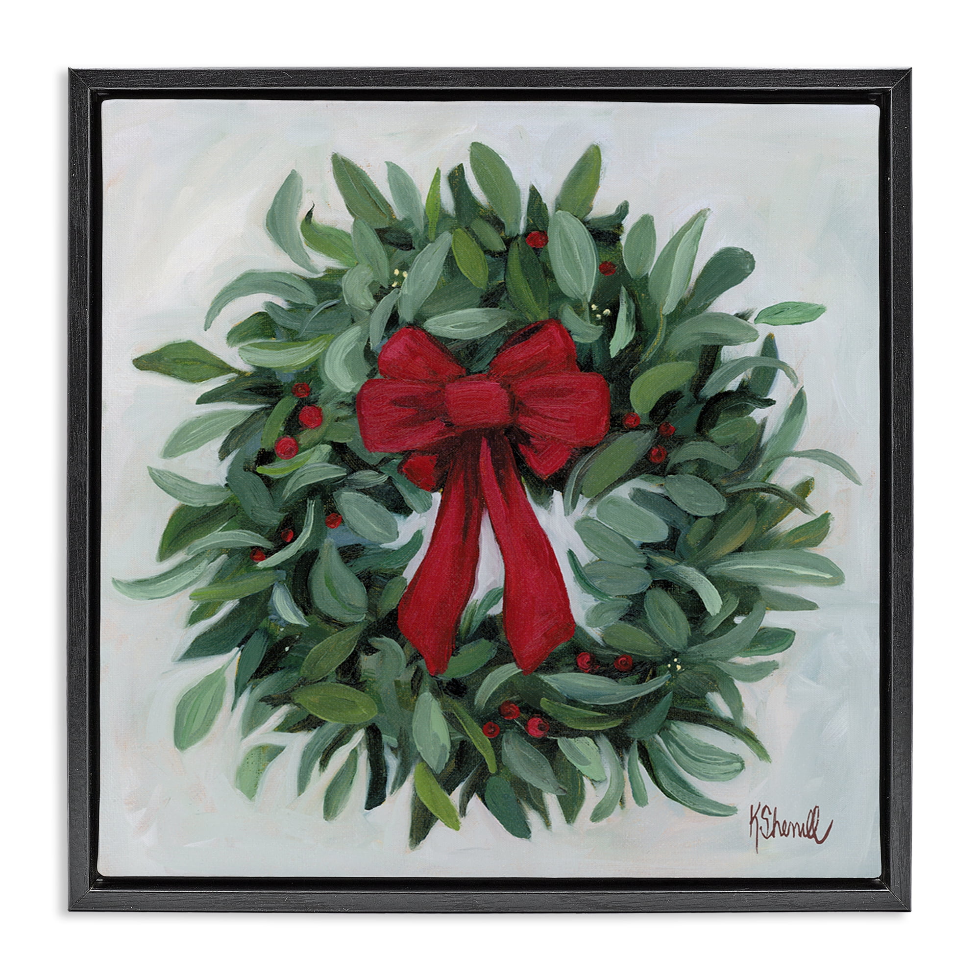 Stupell Industries Wreath with Red Bow Holiday Painting Black Floater Framed Canvas Art Prints Wall Art, 25 x 25