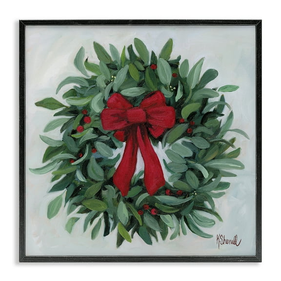 Stupell Industries Wreath with Red Bow Holiday Painting Black Framed Art Prints Wall Art, 12 x 12