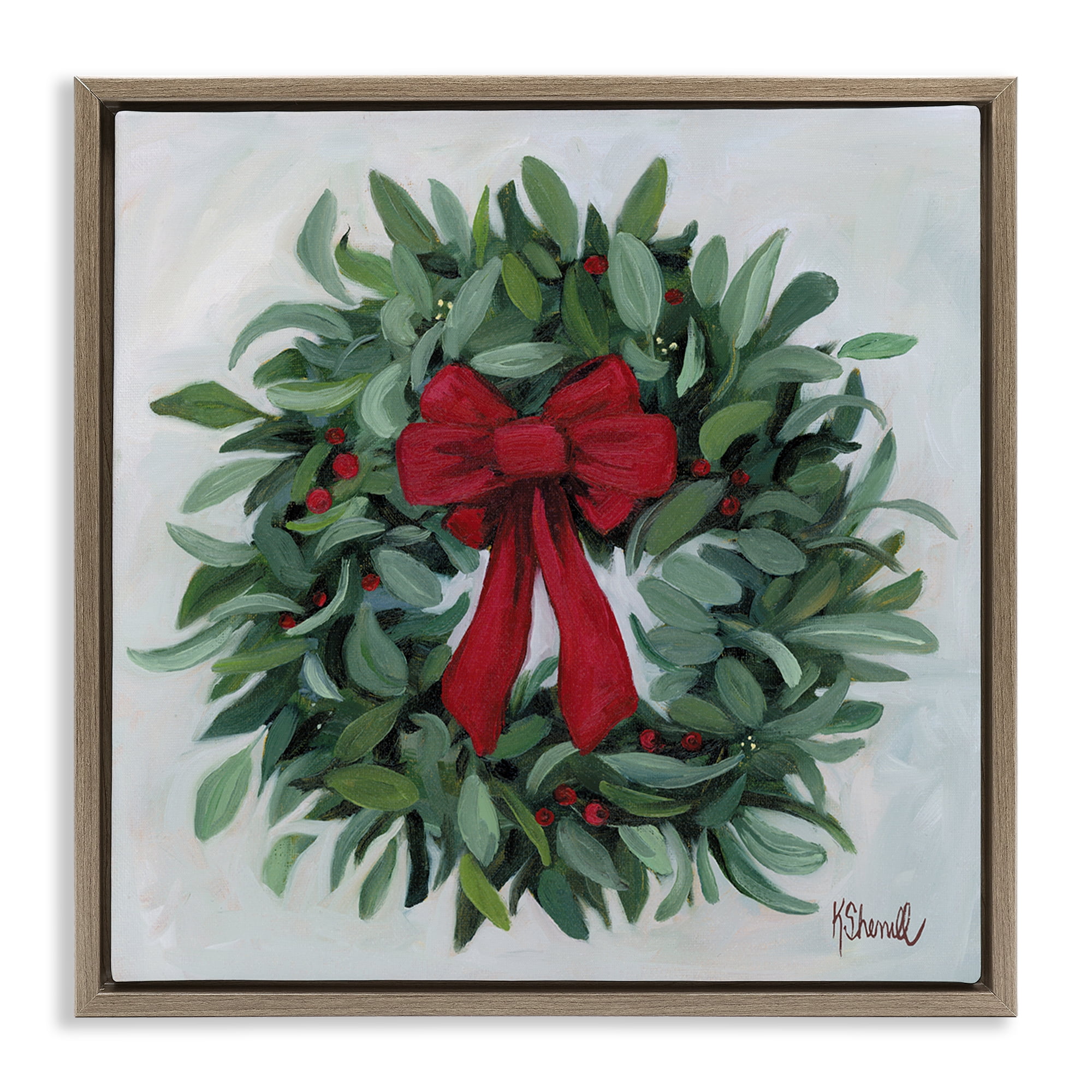 Stupell Industries Wreath with Red Bow Holiday Painting Brown Floater Framed Canvas Art Prints Wall Art, 18 x 18