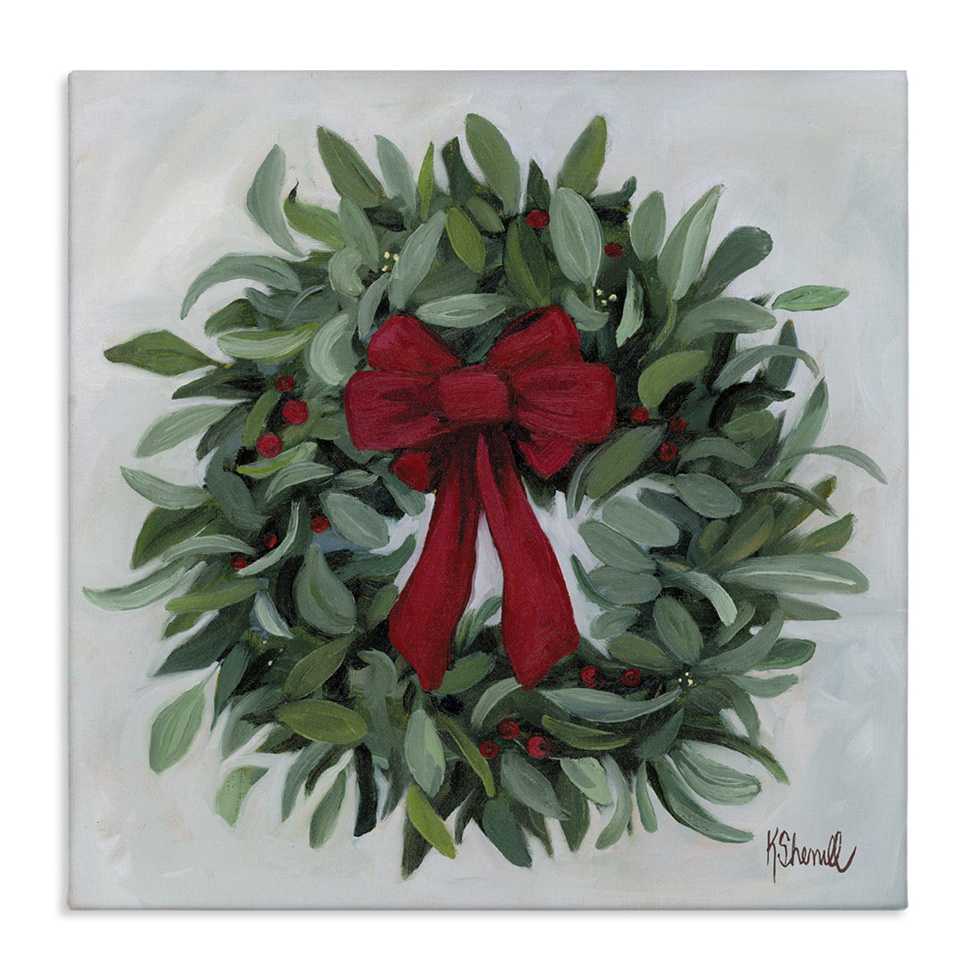 Stupell Industries Wreath with Red Bow Holiday Painting Gallery Wrapped Canvas Art Prints Wall Art, 24 x 24