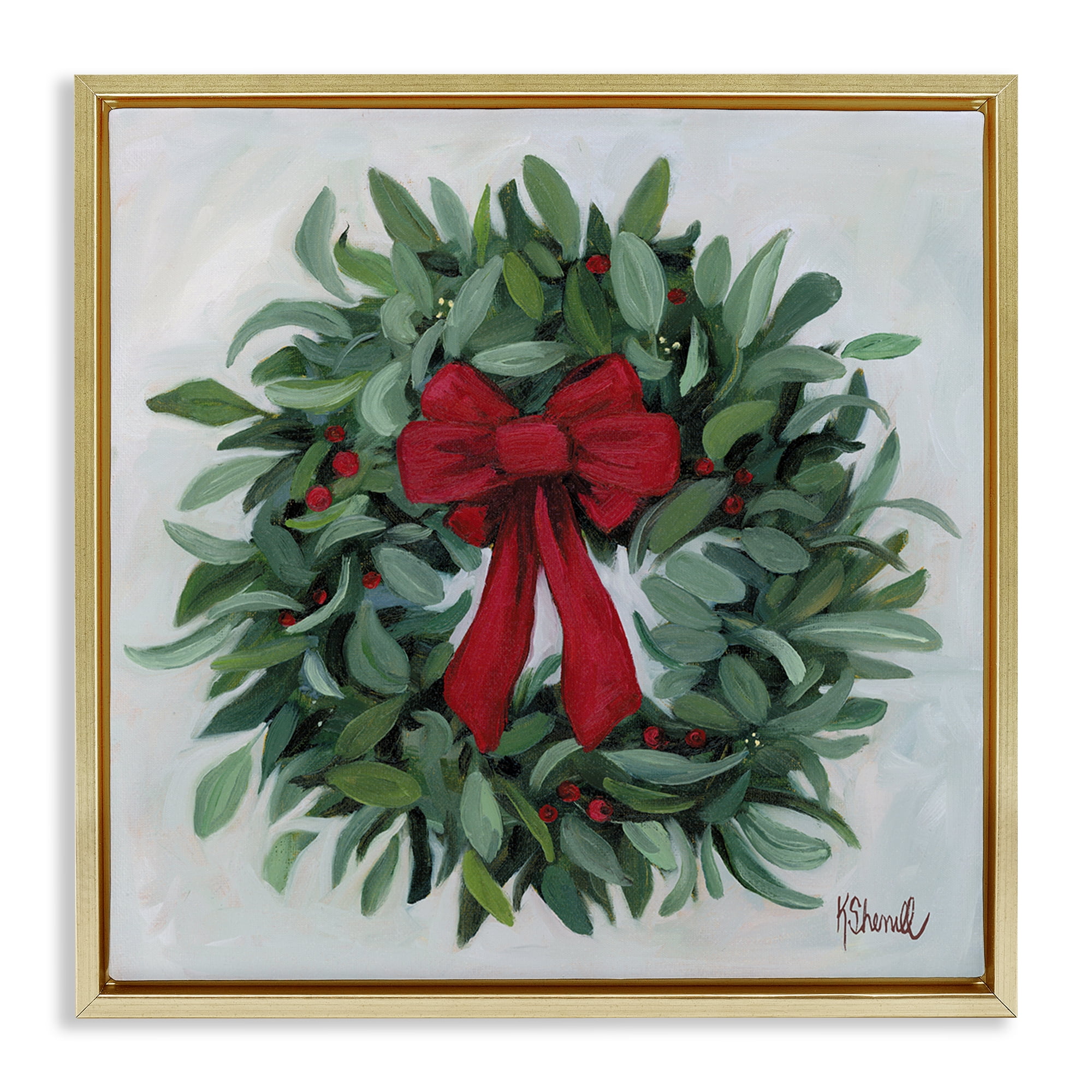 Stupell Industries Wreath with Red Bow Holiday Painting Gold Floater Framed Canvas Art Prints Wall Art, 25 x 25