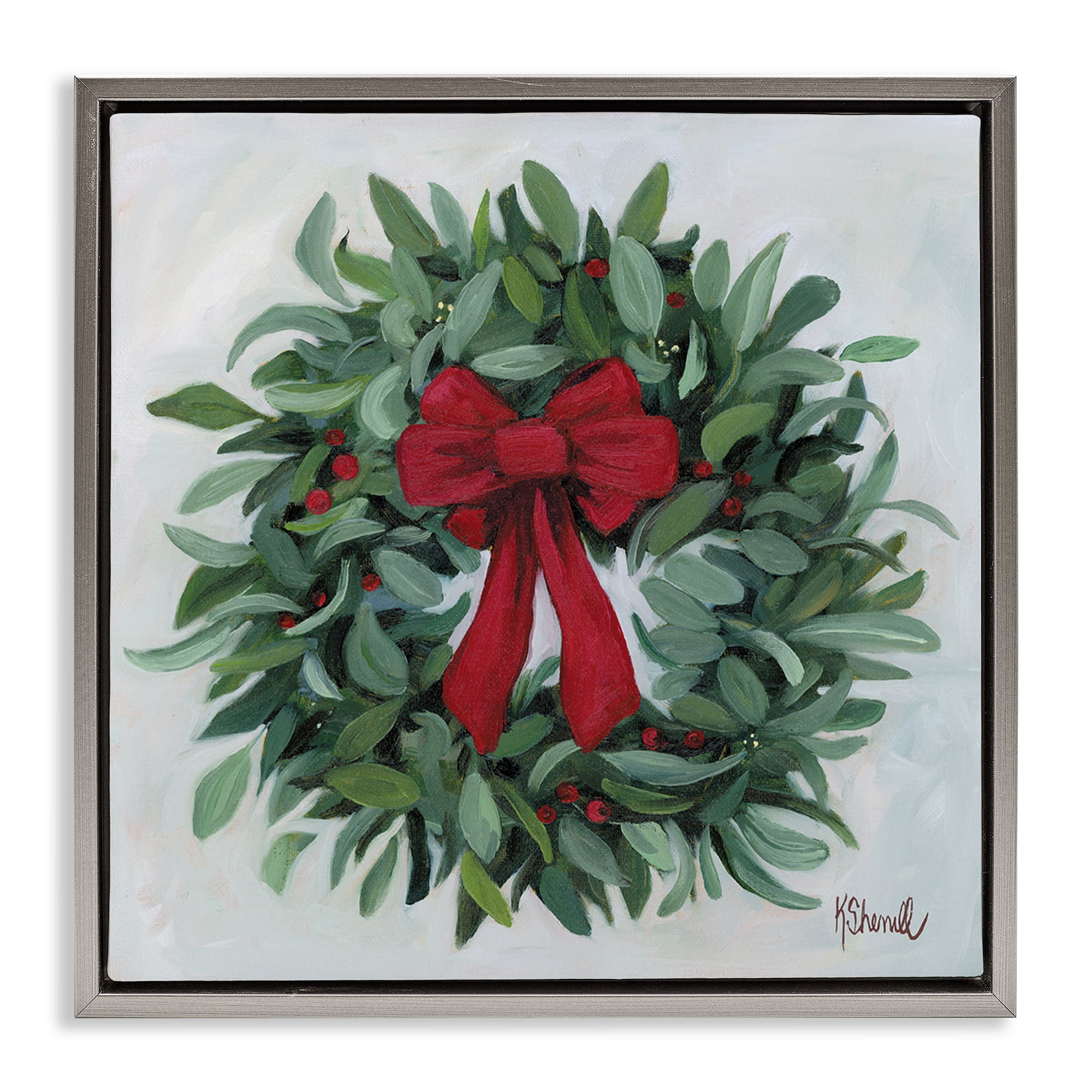 Stupell Industries Wreath with Red Bow Holiday Painting Gray Floater Framed Canvas Art Prints Wall Art, 18 x 18