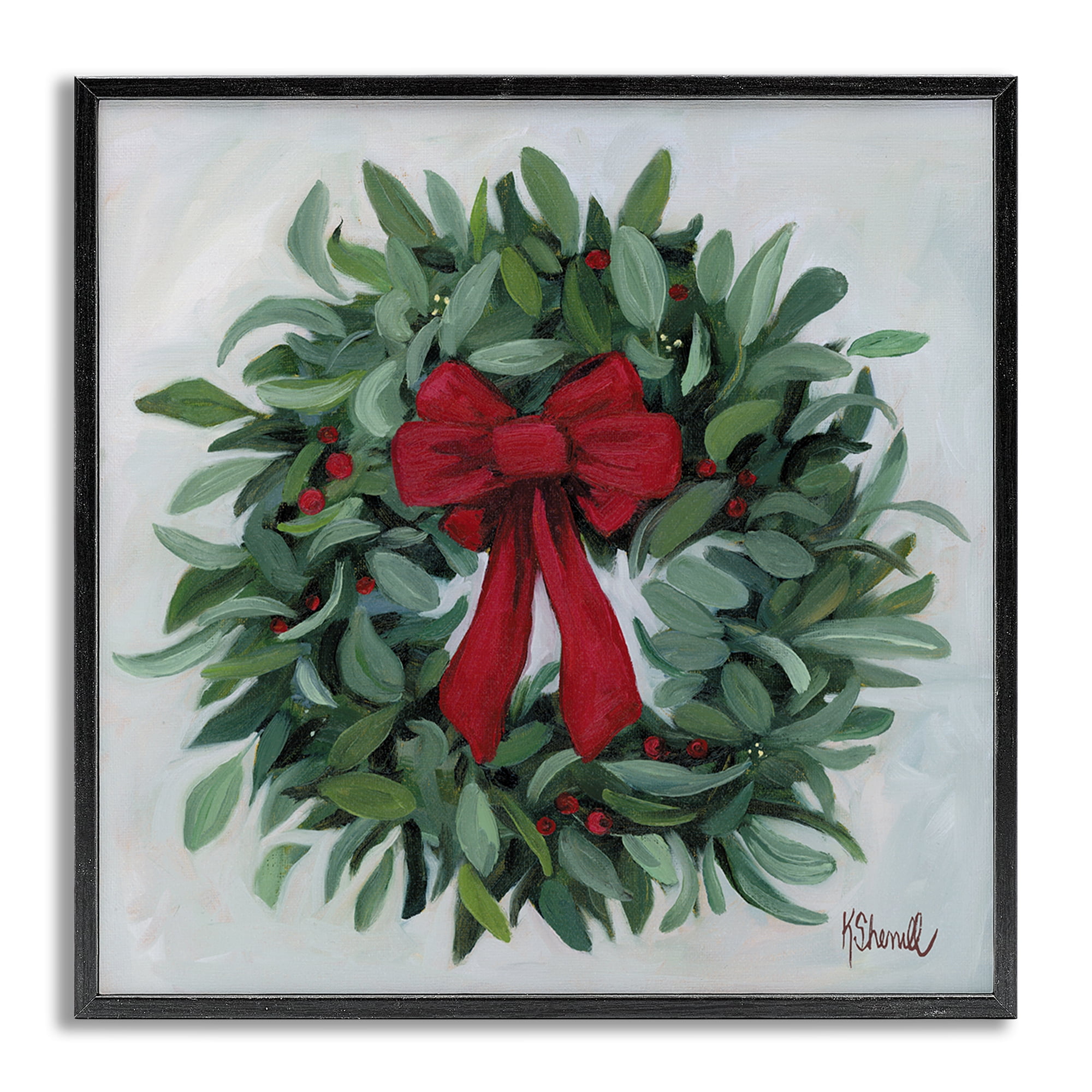 Stupell Industries Wreath with Red Bow Holiday Painting Gray Framed Art Prints Wall Art, 12 x 12