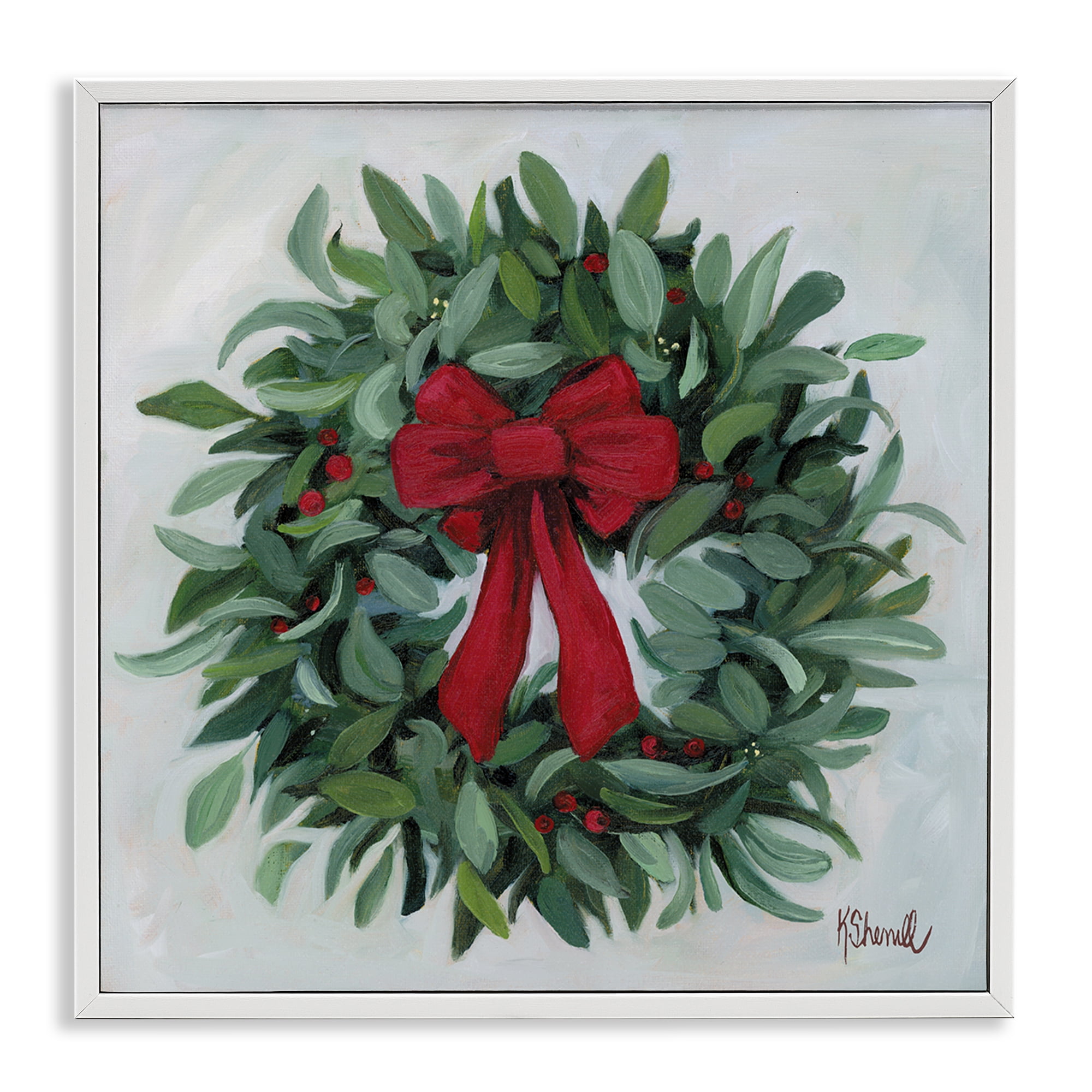 Stupell Industries Wreath with Red Bow Holiday Painting White Framed Art Prints Wall Art, 12 x 12