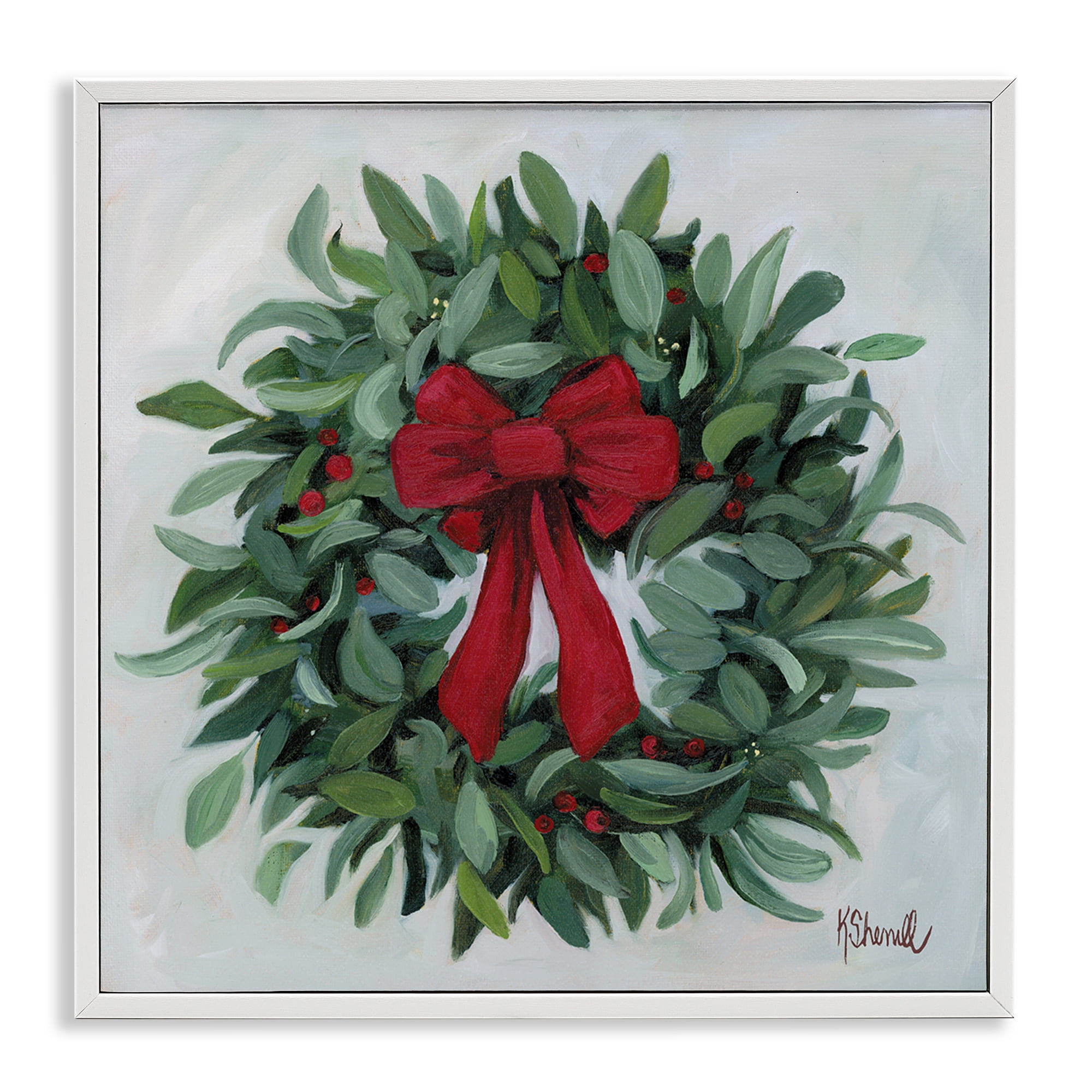 Stupell Industries Wreath with Red Bow Holiday Painting White Framed Art Prints Wall Art, 24 x 24
