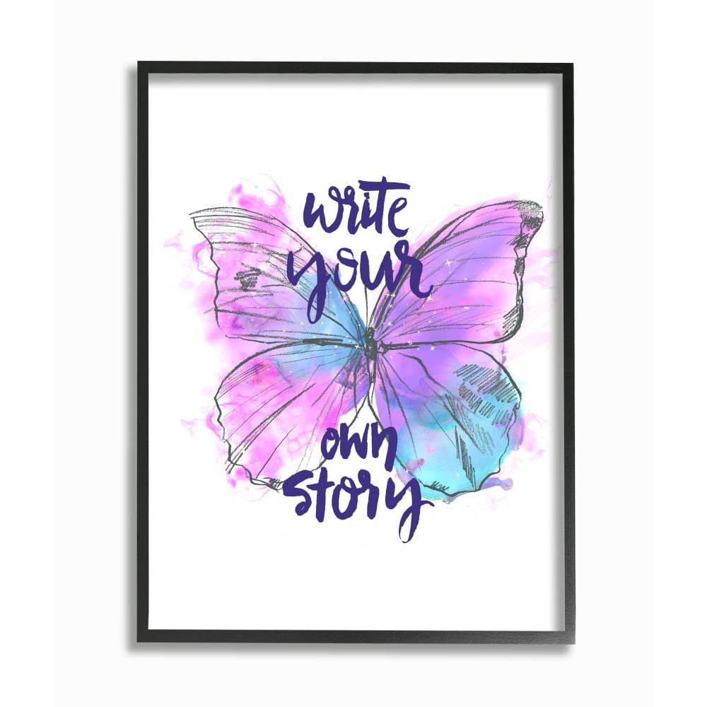 Stupell Industries Write Your Story Phrase Butterfly Wings Purple Design Framed Wall Art Design by Jennifer Paxton Parker, 11" x 14", Black Framed