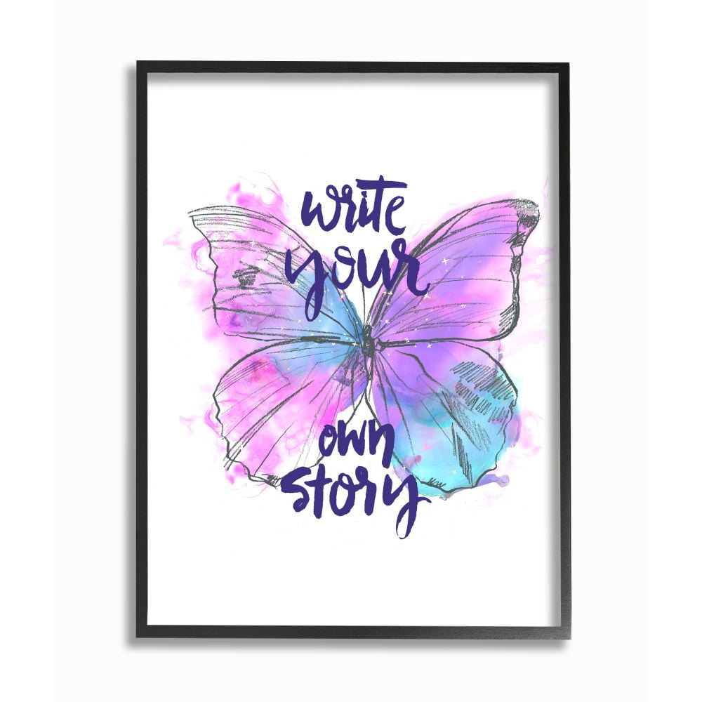 Stupell Industries Write Your Story Phrase Butterfly Wings Purple Design Framed Wall Art Design by Jennifer Paxton Parker, 16" x 20", Black Framed