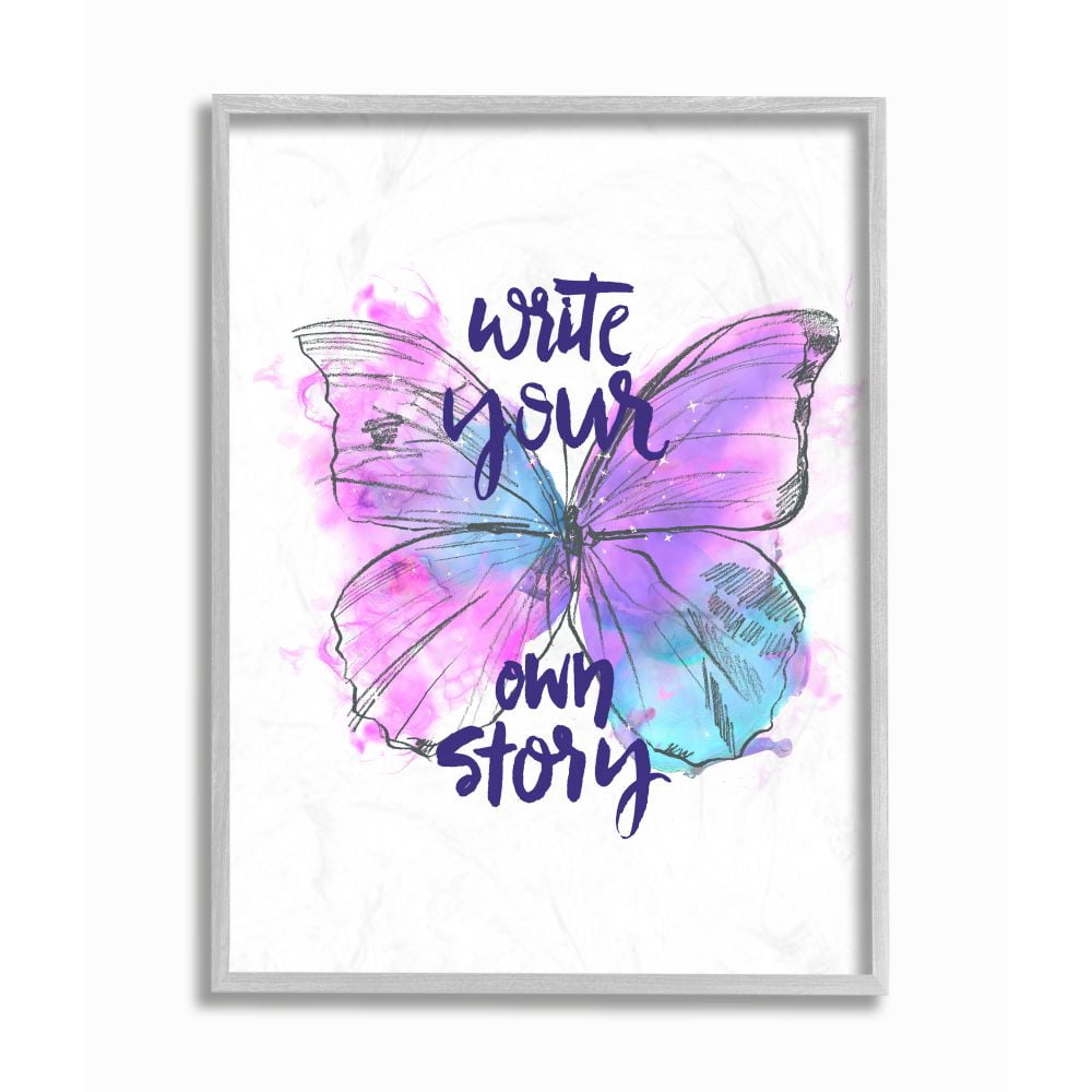 Stupell Industries Write Your Story Phrase Butterfly Wings Purple Design Framed Wall Art Design by Jennifer Paxton Parker, 16" x 20", Gray Framed
