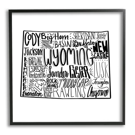 Stupell Industries Wyoming Cities Typography Map Graphic Art Black Framed Art Print Wall Art, Design by The Saturday Evening Post