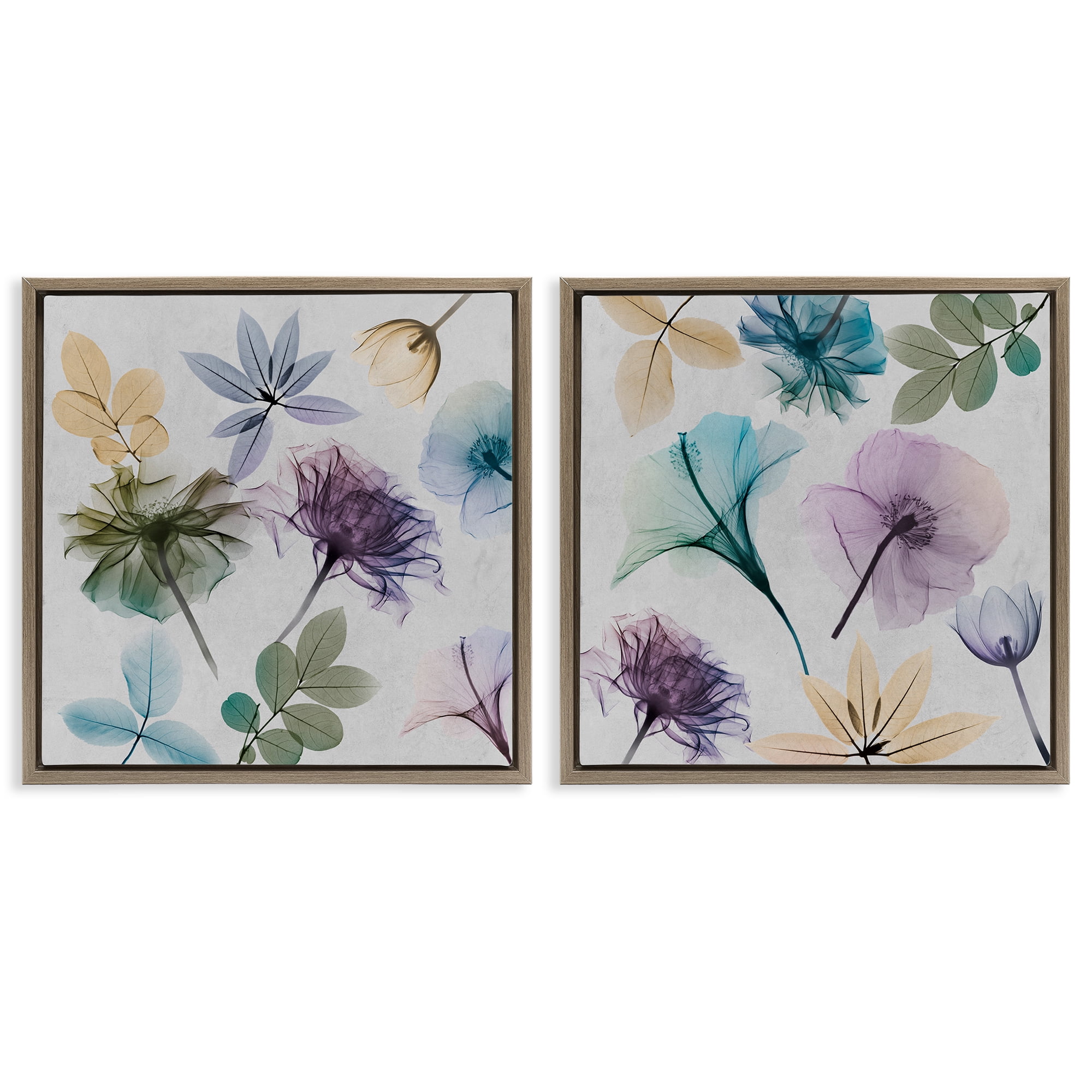 Stupell Industries X-Ray Floral Collage Plants & Flowers Painting Brown Floater Framed Canvas Art Print Wall Art, 25 x 25, Set of 2