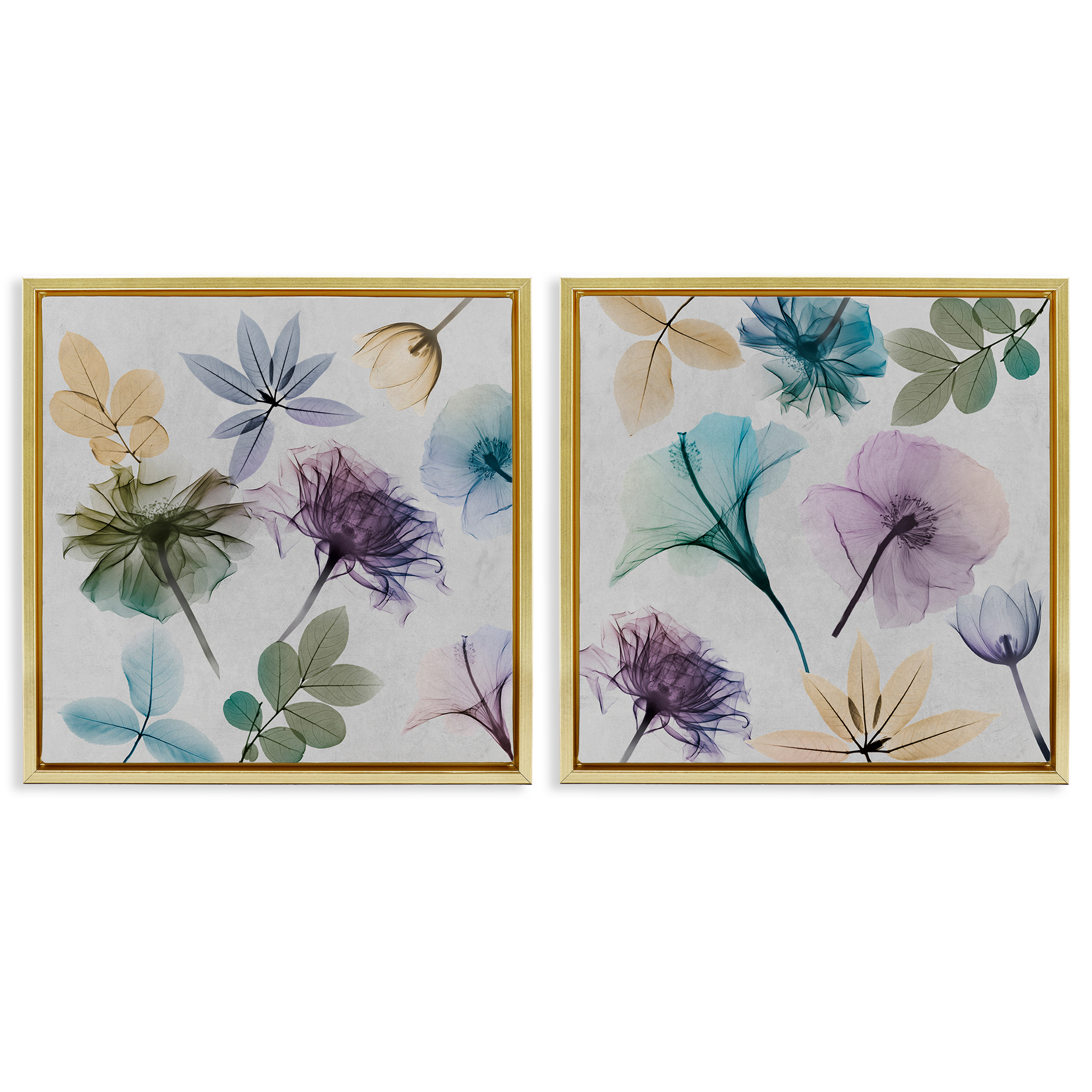 Stupell Industries X-Ray Floral Collage Plants & Flowers Painting Gold Floater Framed Canvas Art Print Wall Art, 18 x 18, Set of 2