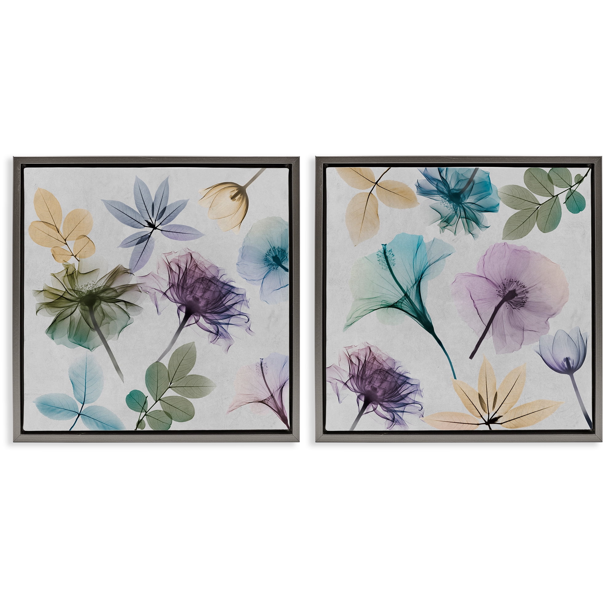 Stupell Industries X-Ray Floral Collage Plants & Flowers Painting Gray Floater Framed Canvas Art Print Wall Art, 25 x 25, Set of 2