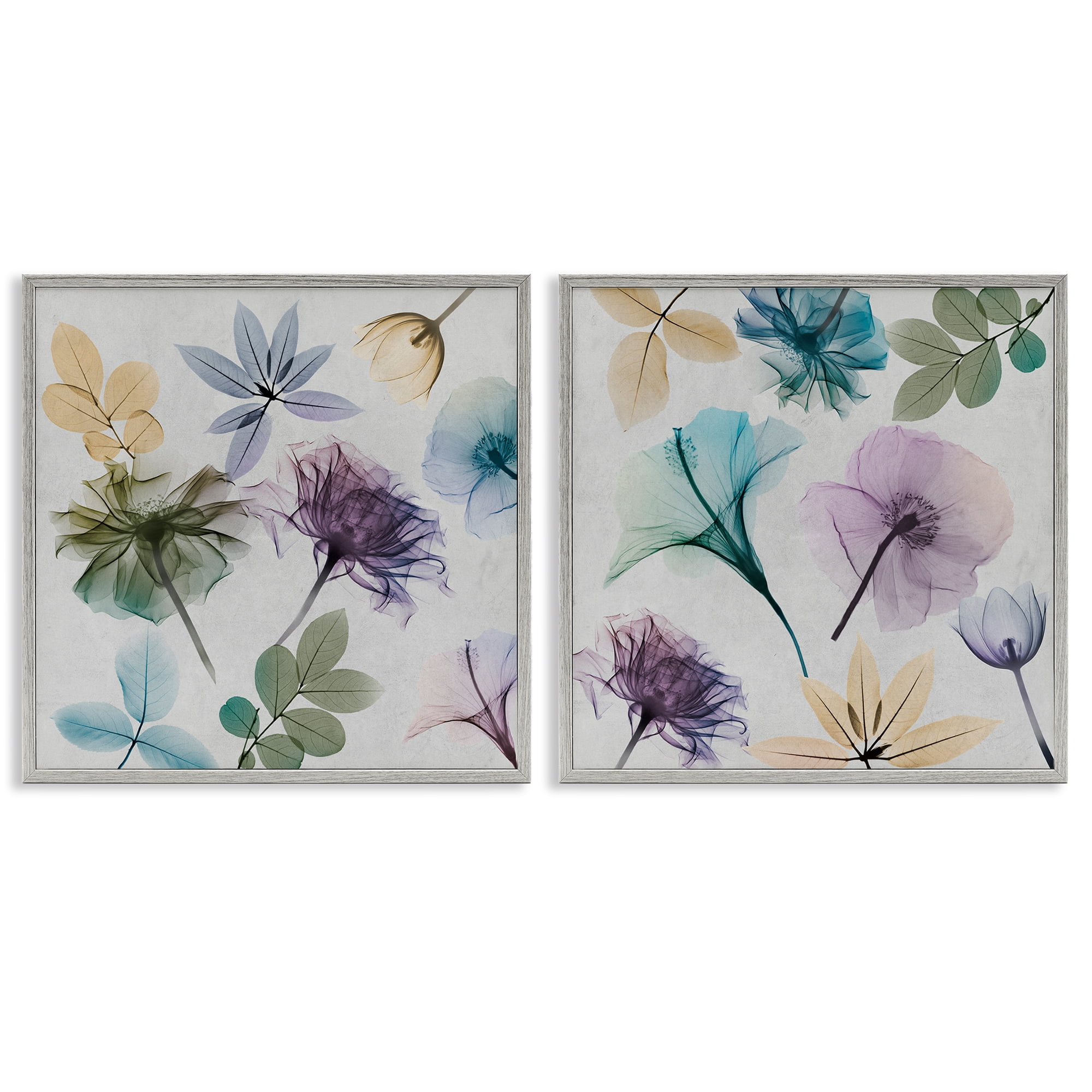Stupell Industries X-Ray Floral Collage Plants & Flowers Painting Gray Framed Art Print Wall Art, 12 x 12, Set of 2