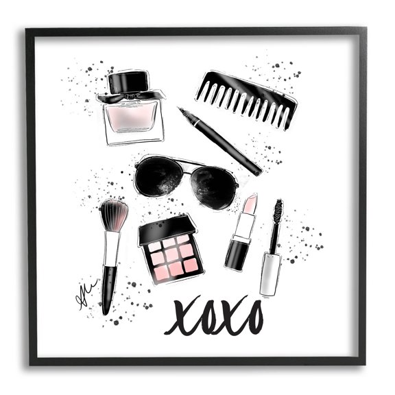 Stupell Industries XOXO Glam Cosmetics Makeup Graphic Art Black Framed Art Print Wall Art, Design by Alison Petrie