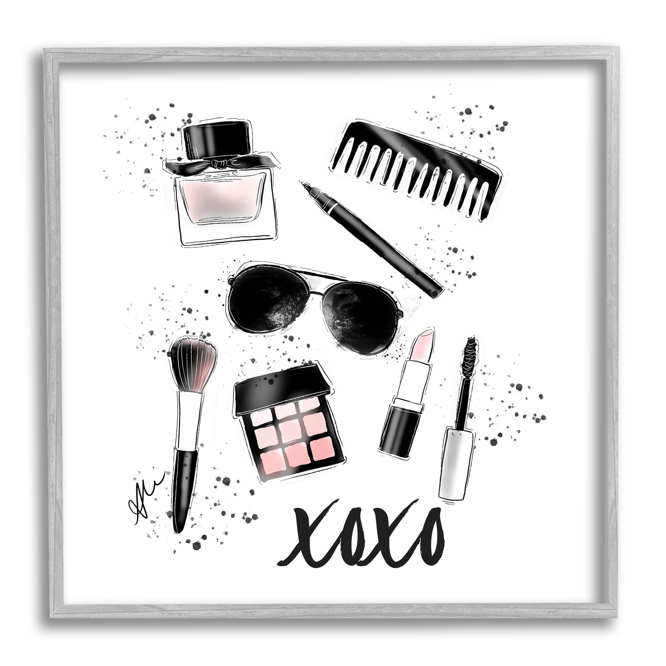 Stupell Industries XOXO Glam Cosmetics Makeup Graphic Art Gray Framed Art Print Wall Art, Design by Alison Petrie