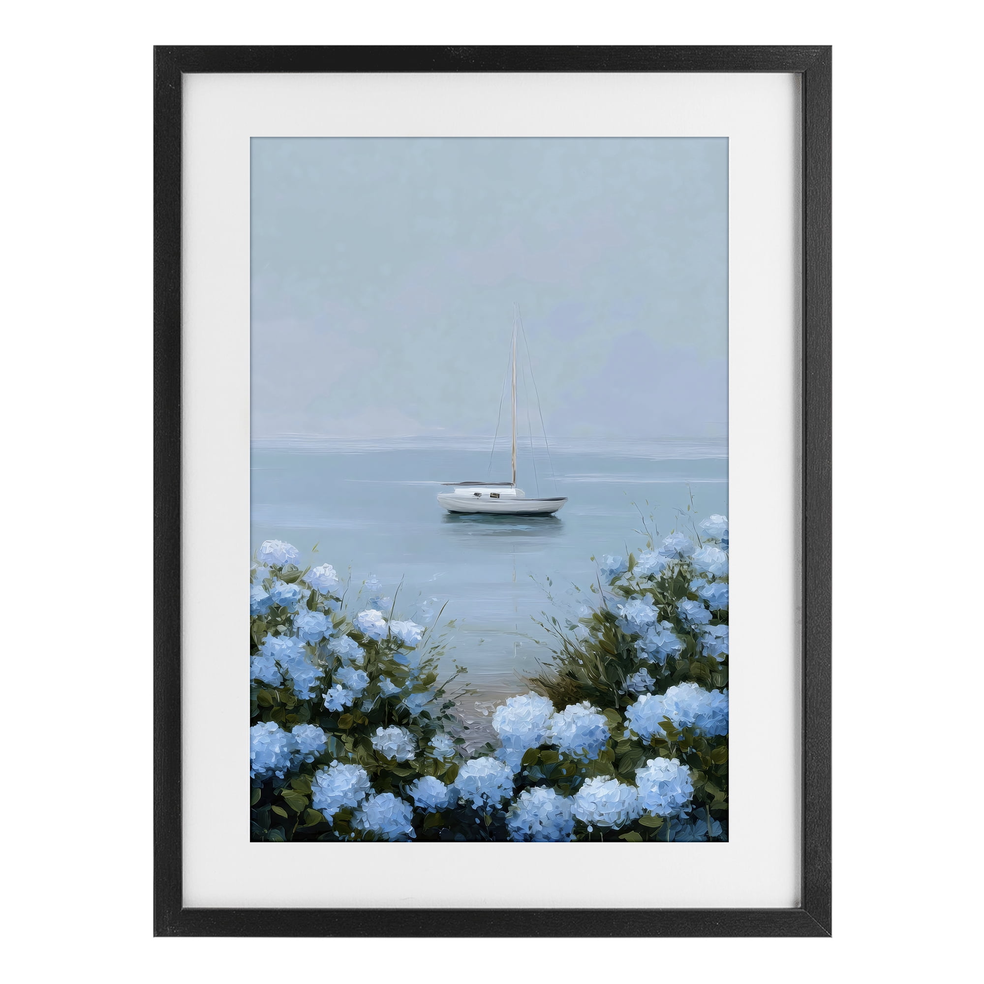 Stupell Industries Yacht in Floral Bay Black Framed Print Under Glass, design by Petal Prints Design