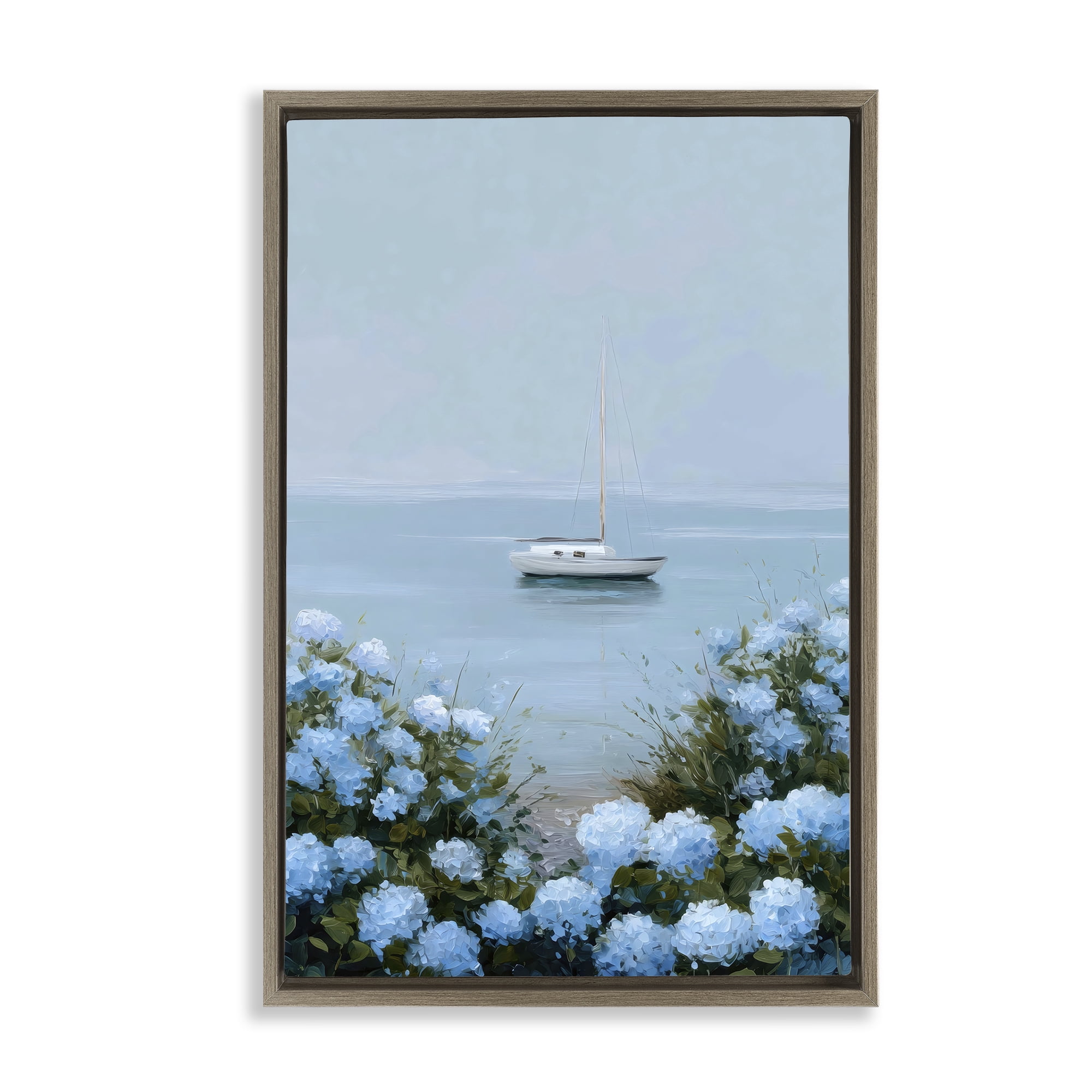 Stupell Industries Yacht in Floral Bay Brown Framed Floater Canvas Wall Art, design by Petal Prints Design