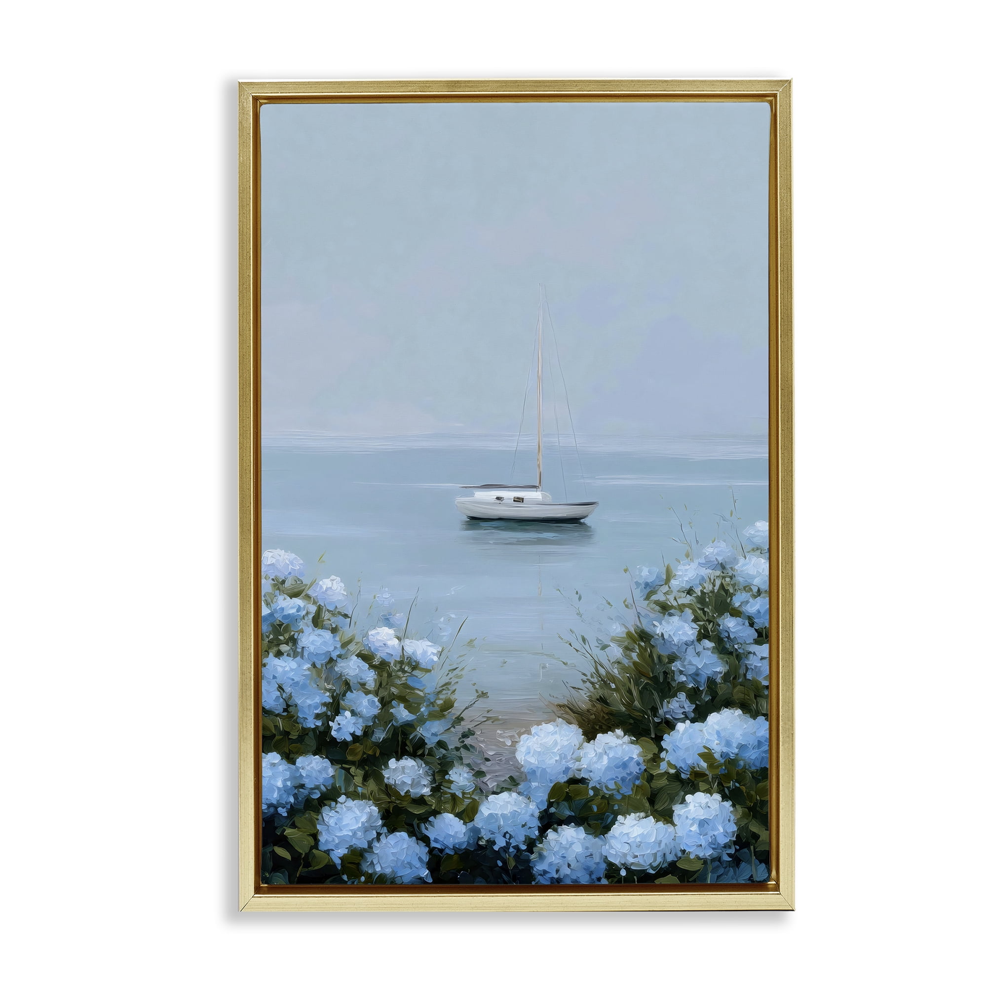 Stupell Industries Yacht in Floral Bay Gold Framed Floater Canvas Wall Art, design by Petal Prints Design