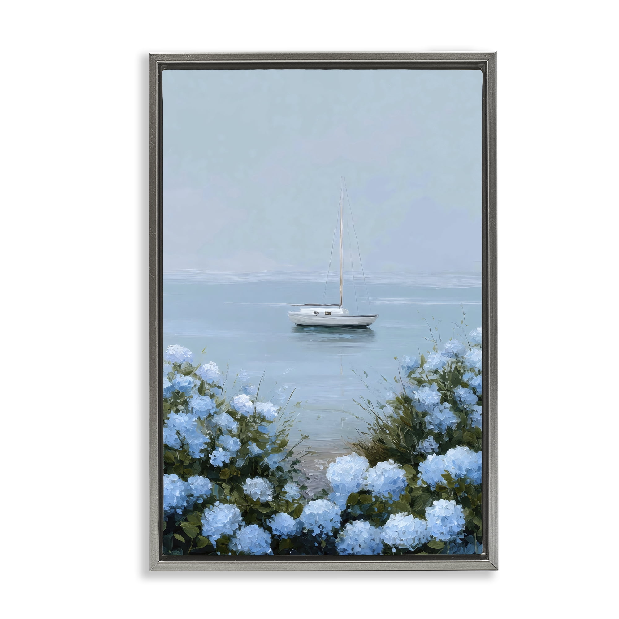 Stupell Industries Yacht in Floral Bay Gray Framed Floater Canvas Wall Art, design by Petal Prints Design