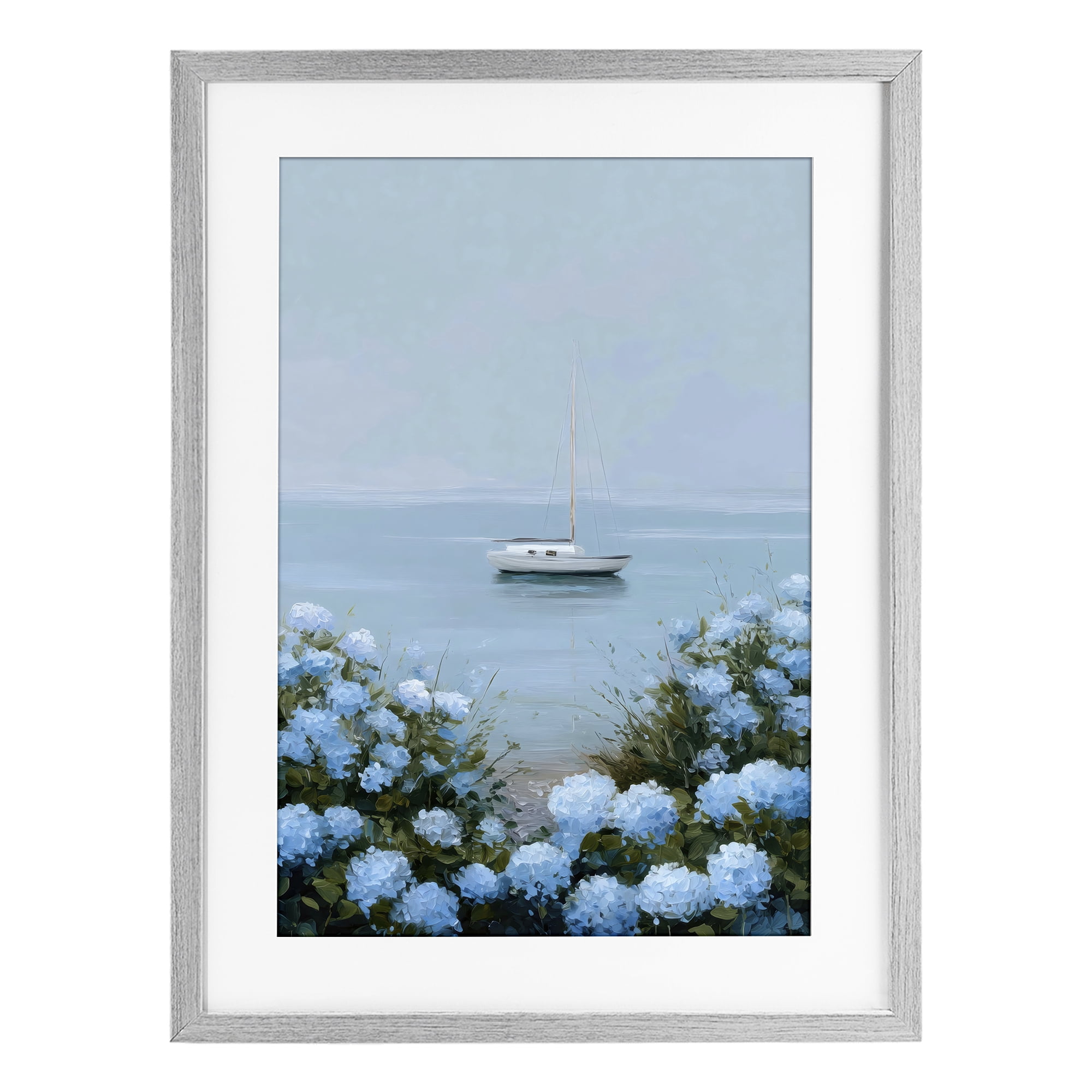 Stupell Industries Yacht in Floral Bay Gray Framed Print Under Glass, design by Petal Prints Design