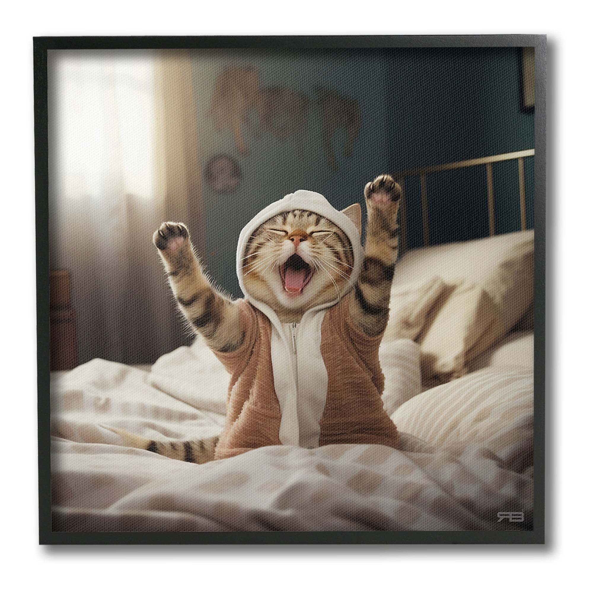 Stupell Industries Yawning Cat in Bed Animals & Insects Painting Black Framed Art Print Wall Art, 17 x 17