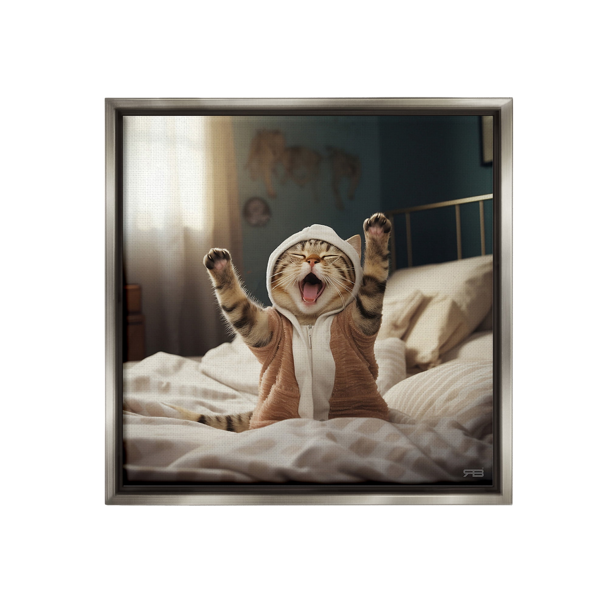 Stupell Industries Yawning Cat in Bed Animals & Insects Painting Gray Floater Framed Canvas Art Print Wall Art, 25 x 25