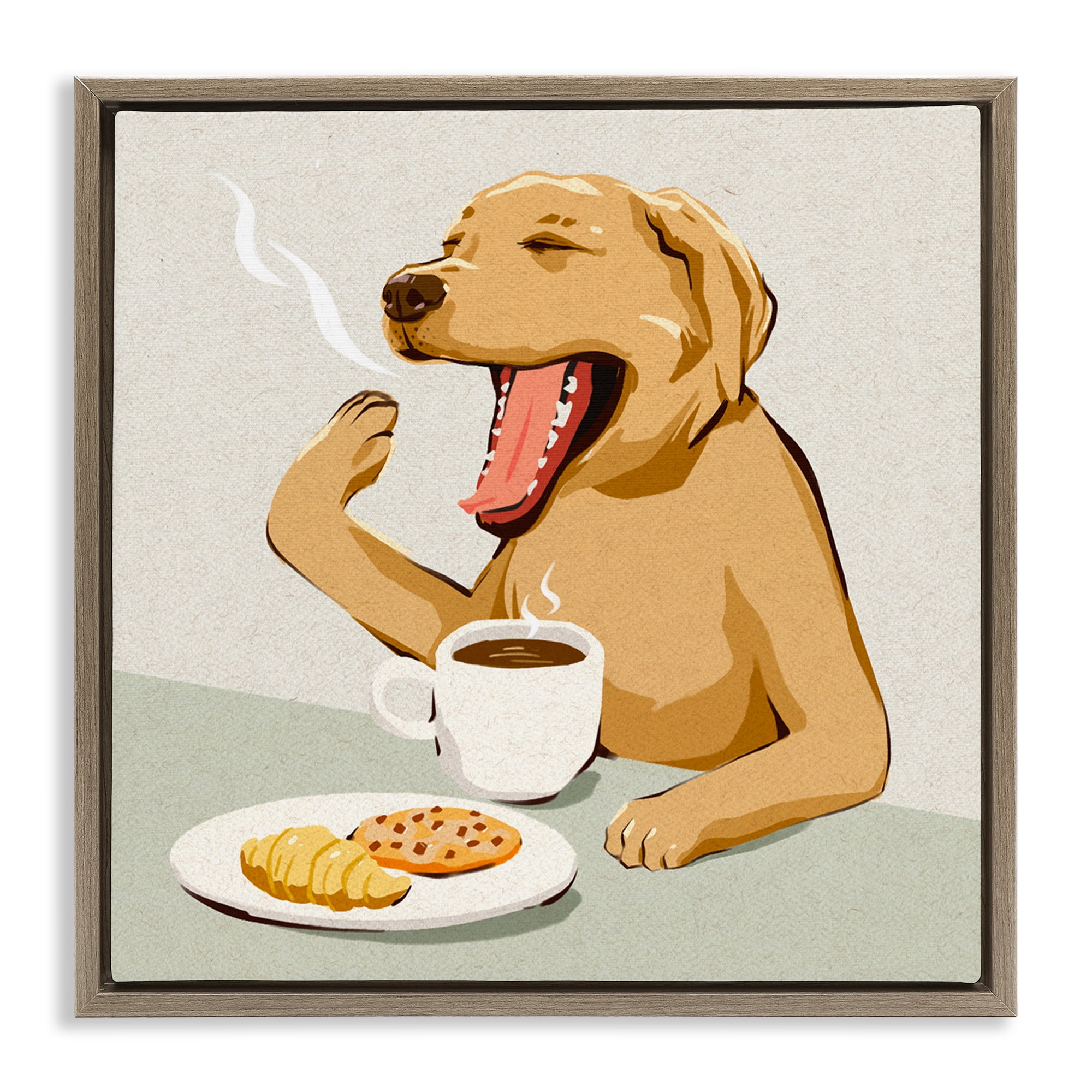 Stupell Industries Yawning Dog Morning Coffee Brown Framed Floater Canvas Wall Art, design by Ziwei Li