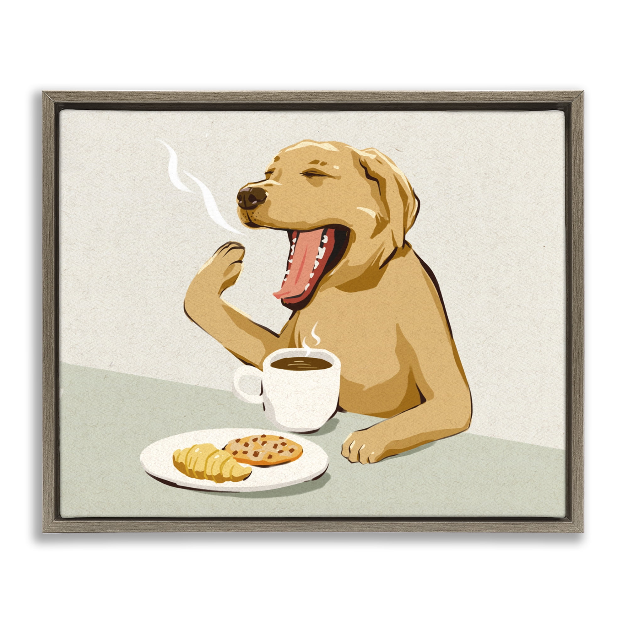 Stupell Industries Yawning Dog with Morning Coffee Brown Framed Floater Canvas Wall Art, design by Ziwei Li